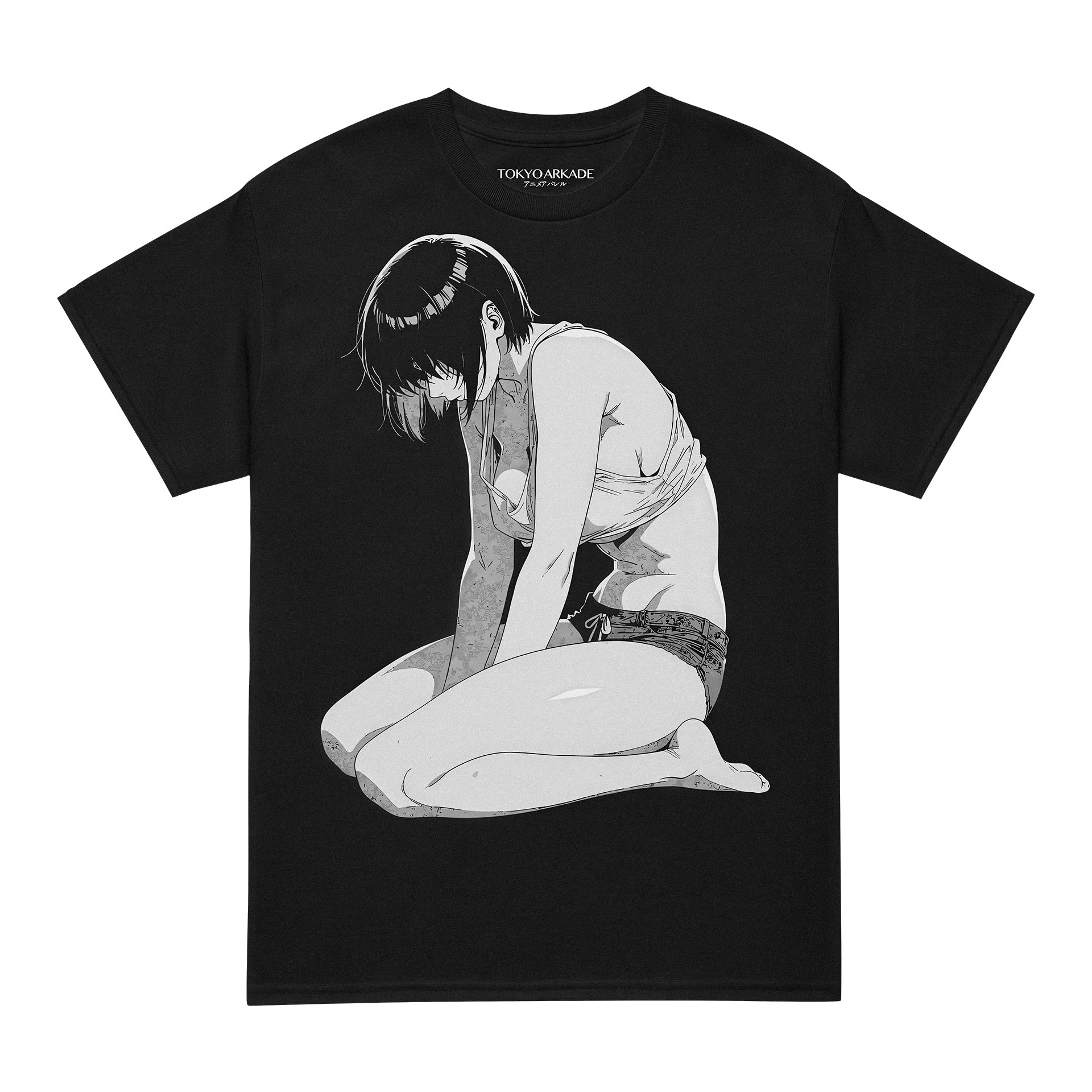 Black t-shirt with an anime-style graphic of a sitting girl on a white background