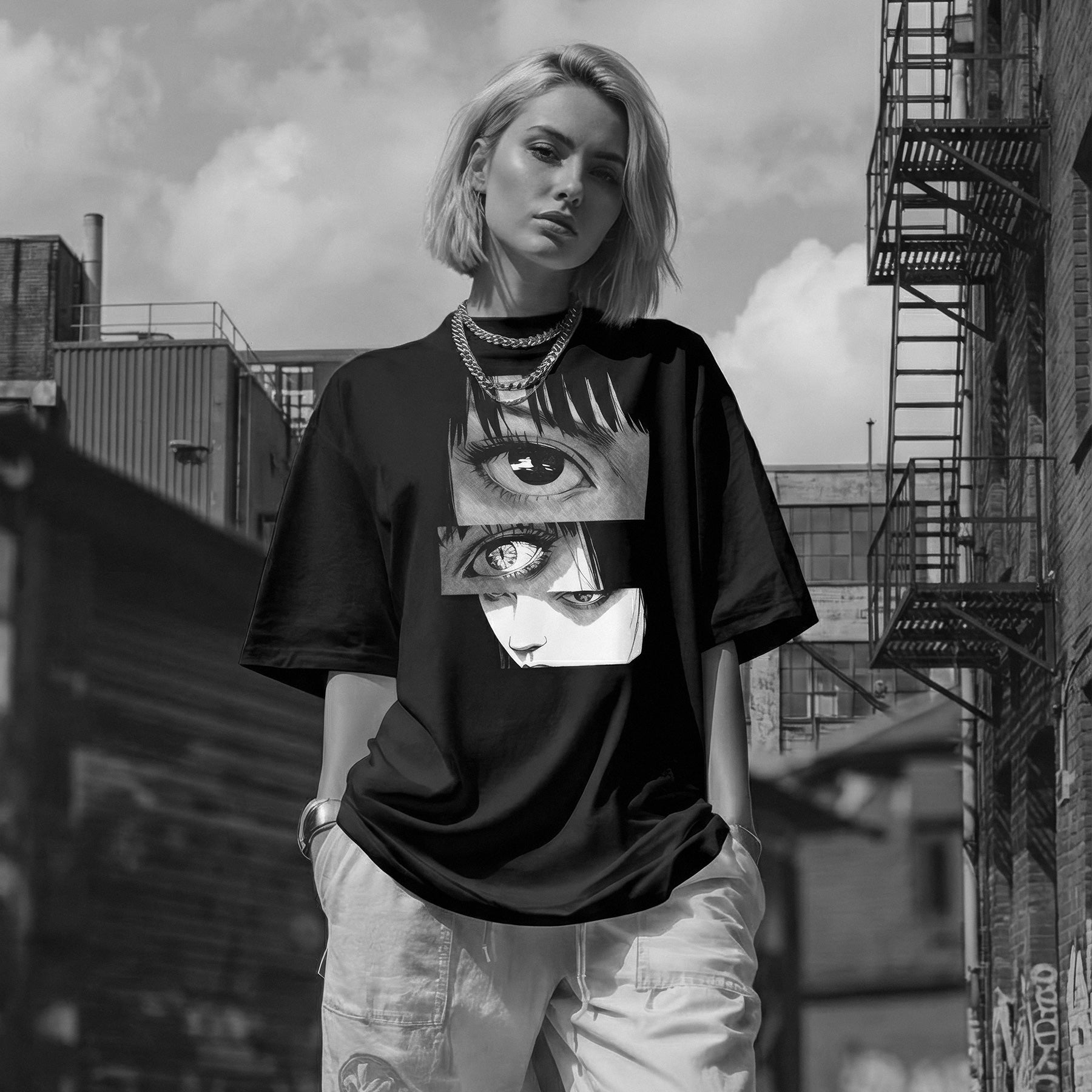 Person wearing a black t-shirt with graphic design in an urban setting