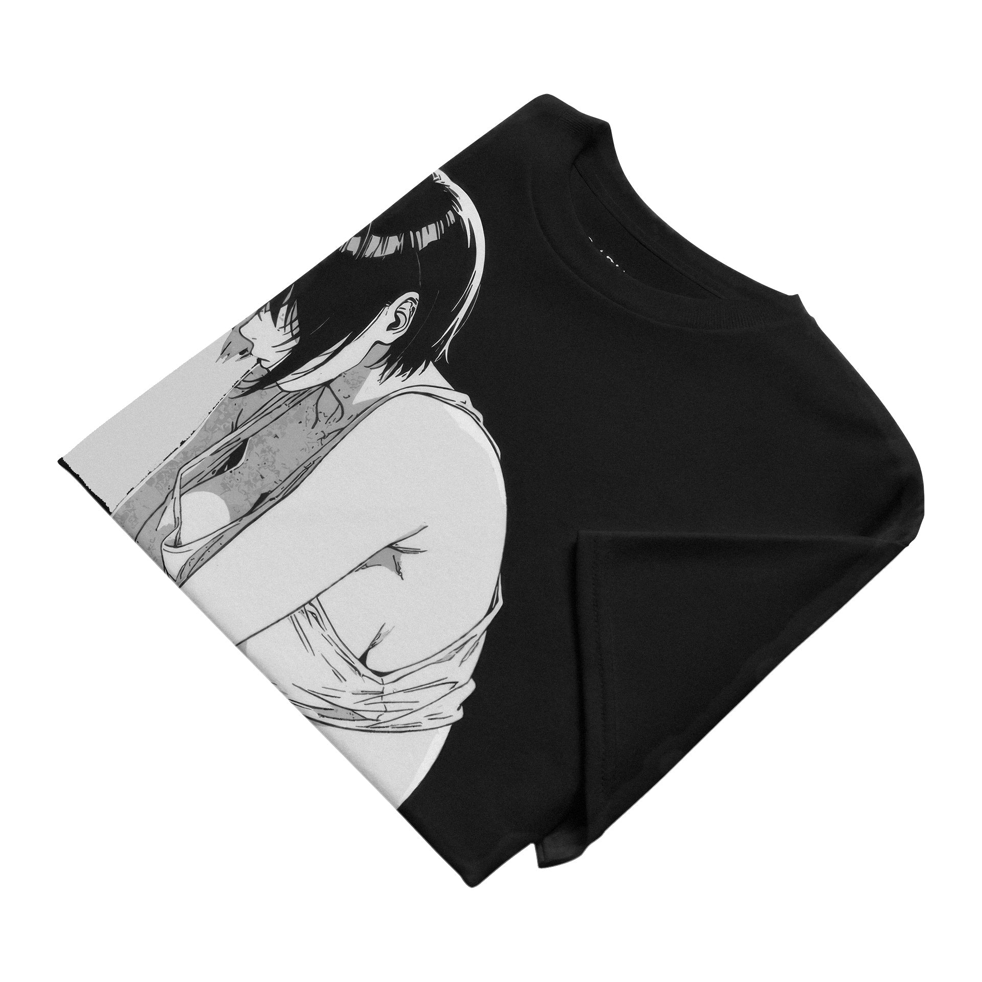 Black t-shirt with a graphic design of a woman on a white background