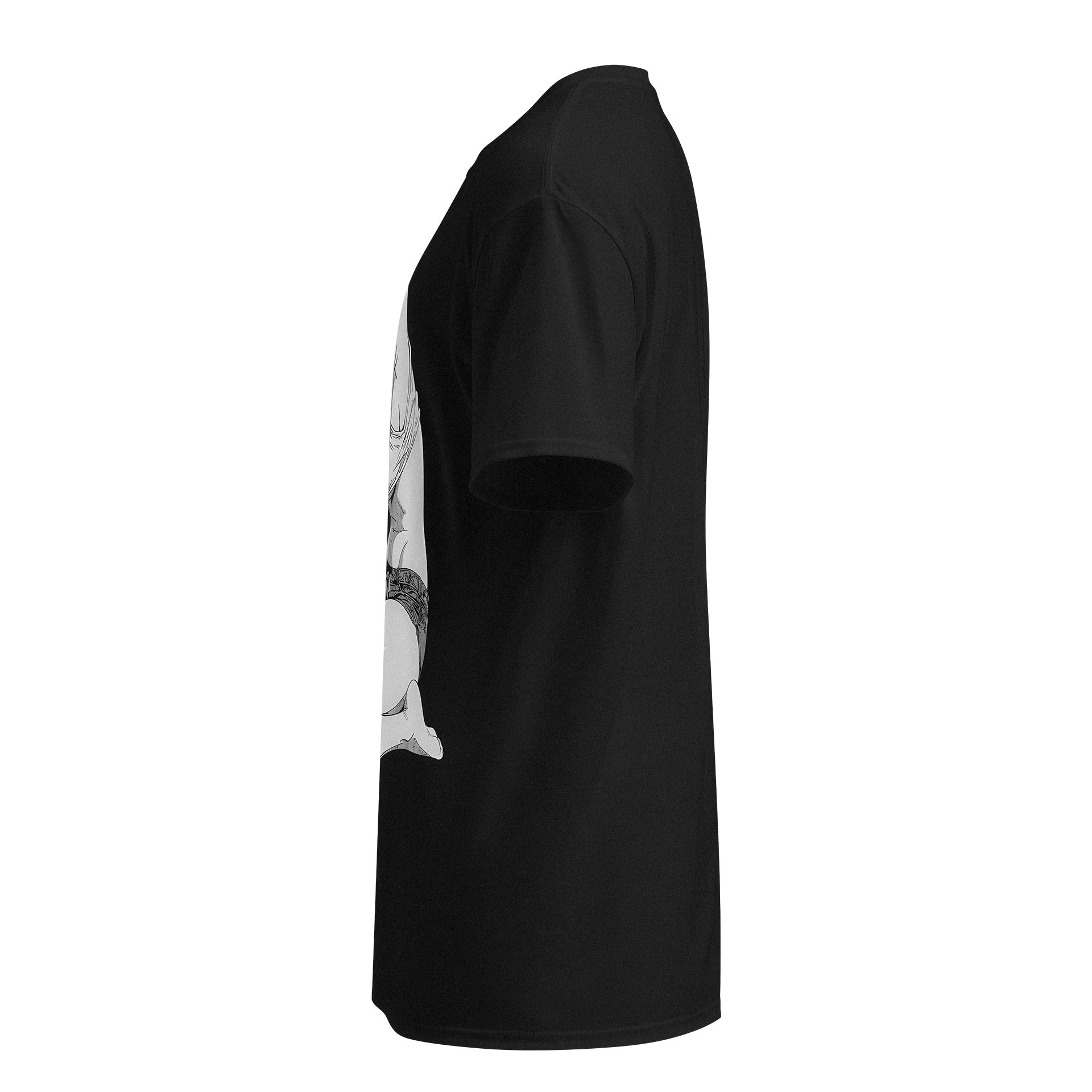 Black t-shirt with a white graphic on the sleeve against a white background anime otaku manga