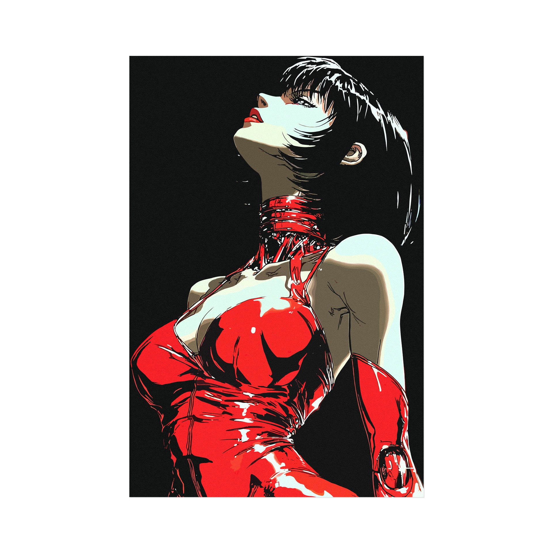 Artistic depiction of a character in a red outfit with a black background
