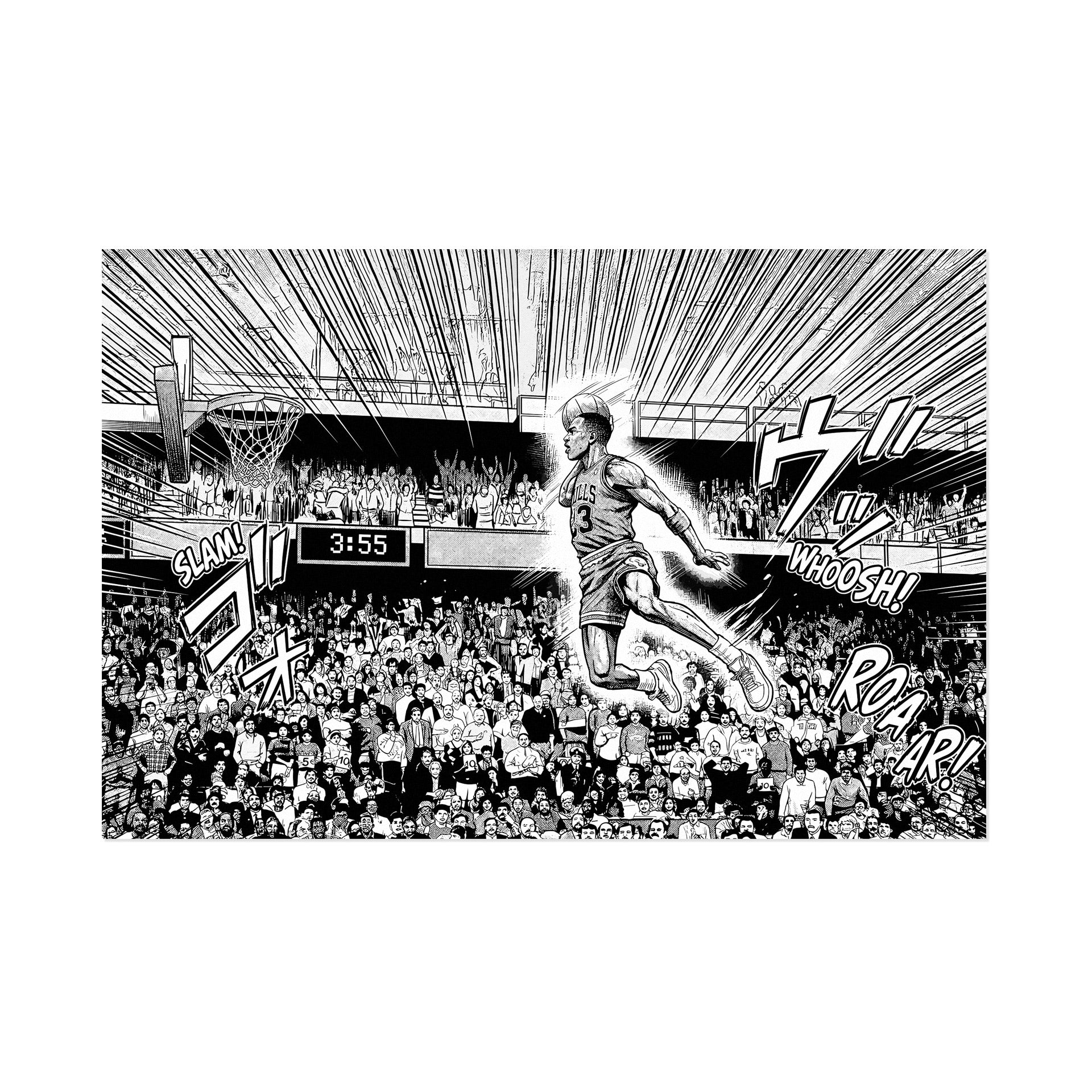Black and white illustration of a basketball player in mid-air during a game. fly dunk air bulls manga