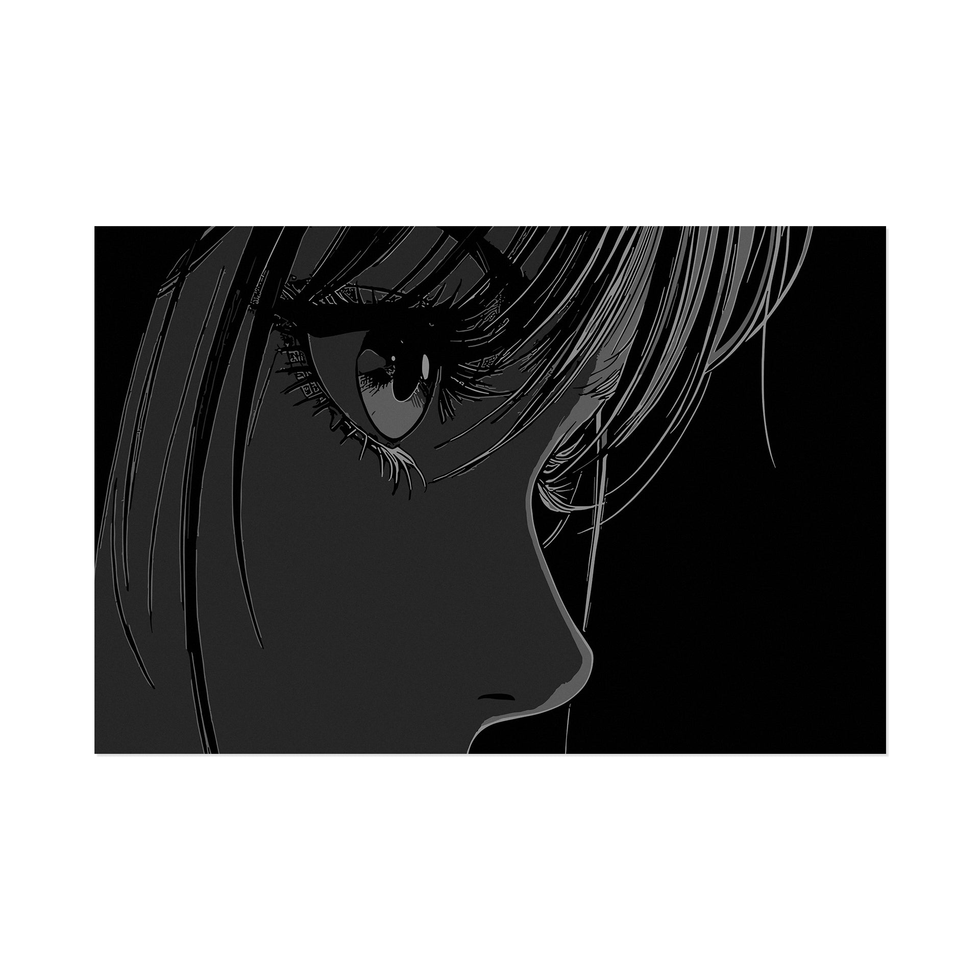 Black and white illustration of a woman's face with a sad expression.