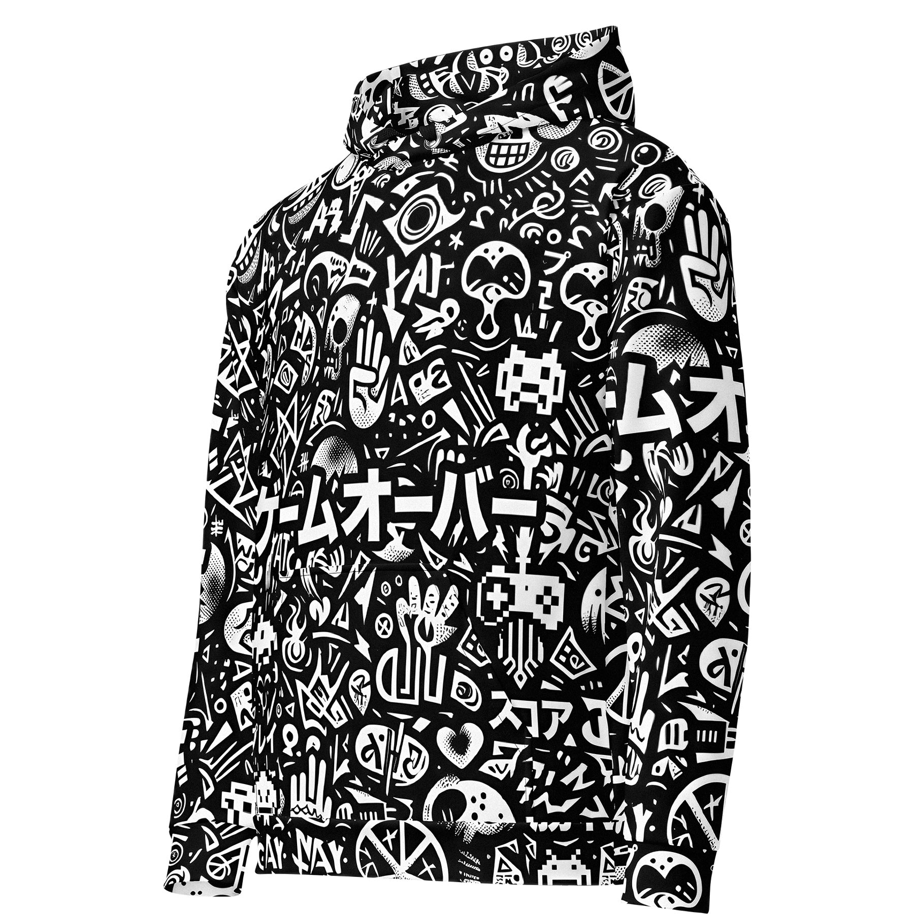 Black hoodie with white graphic patterns on a white background anime manga otaku gamer gaming