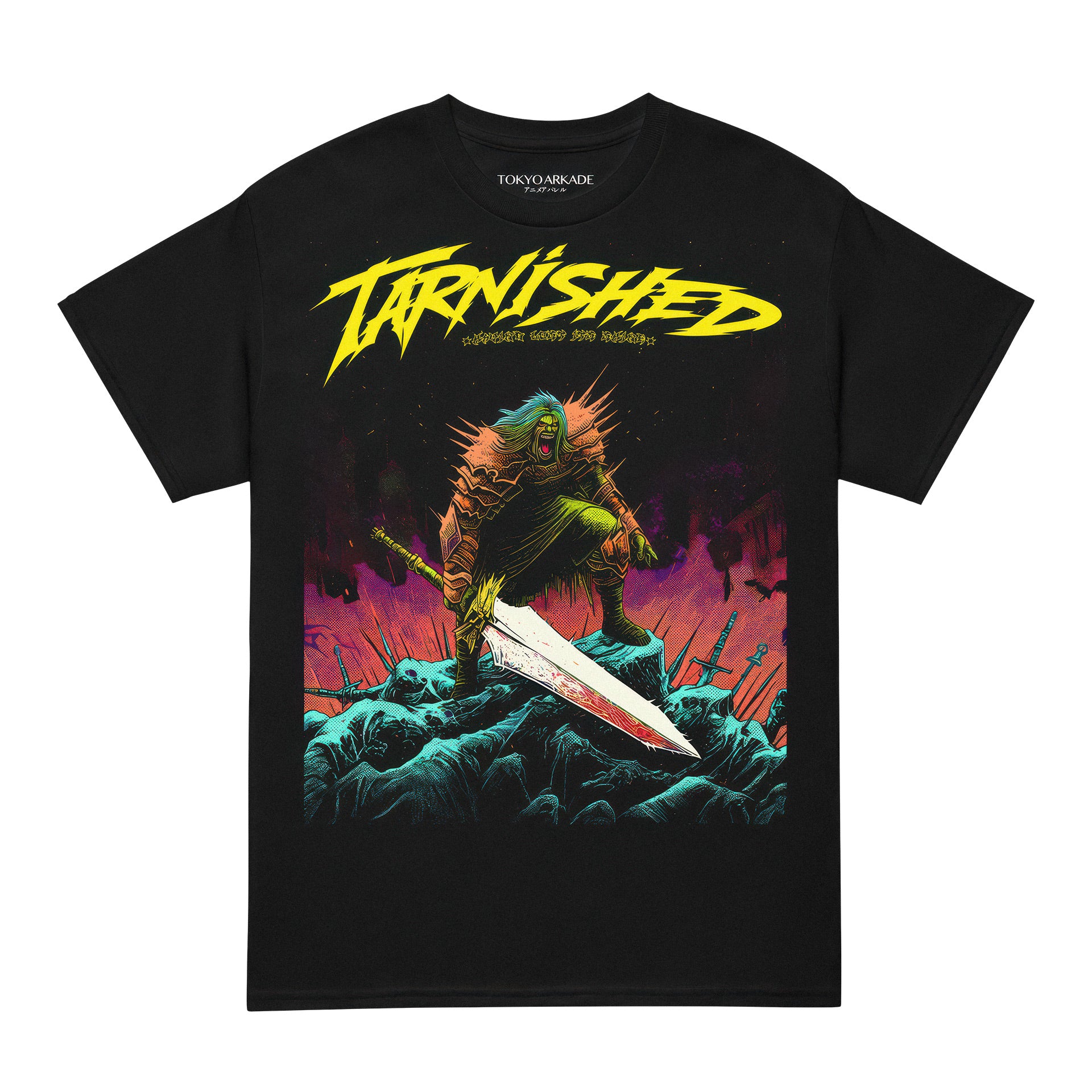 Black t-shirt with 'Tarnished' graphic design featuring a character with a sword on a white background. Tarnished Elden Ring gameplay, Tarnished Elden Ring build, Tarnished Elden Ring guía, Tarnished Elden Ring lore, Tarnished Elden Ring armas, Tarnished Elden Ring bosses, Tarnished Elden Ring historia, Tarnished Elden Ring mejores builds, Tarnished Elden Ring consejos, Tarnished Elden Ring walkthrough