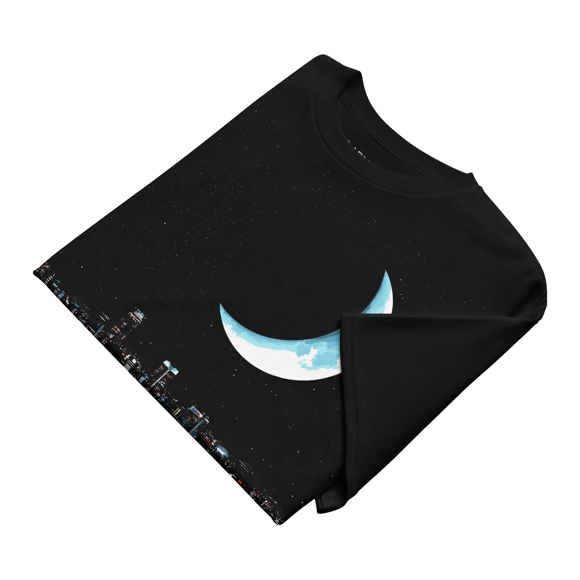 Black t-shirt with a graphic design of a crescent moon and cityscape on a white background