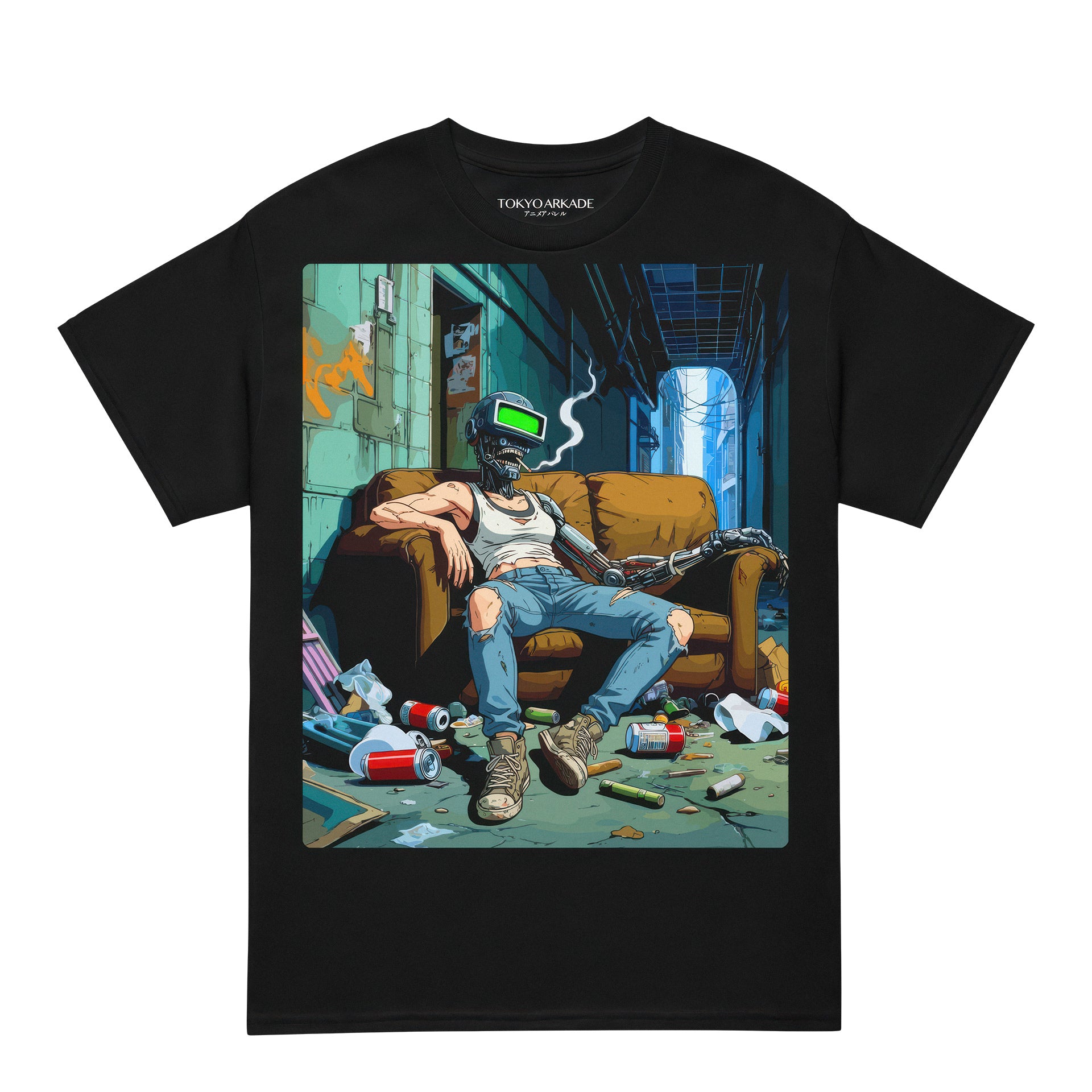 Black t-shirt with a graphic of a person lounging on a couch in a room filled with trash and a Tokyo Made brand label. cyberpunk, ciberespacio, neón, futurista, mecha, hacker, distopía, androide, inteligencia artificial, realidad virtual, otaku, shonen, seinen, kawaii, samurái, shinobi, kaiju, manga-ka, doujinshi, animecore, technomancia, pixel, glitch, holograma, avatar, metaverso, cyborg