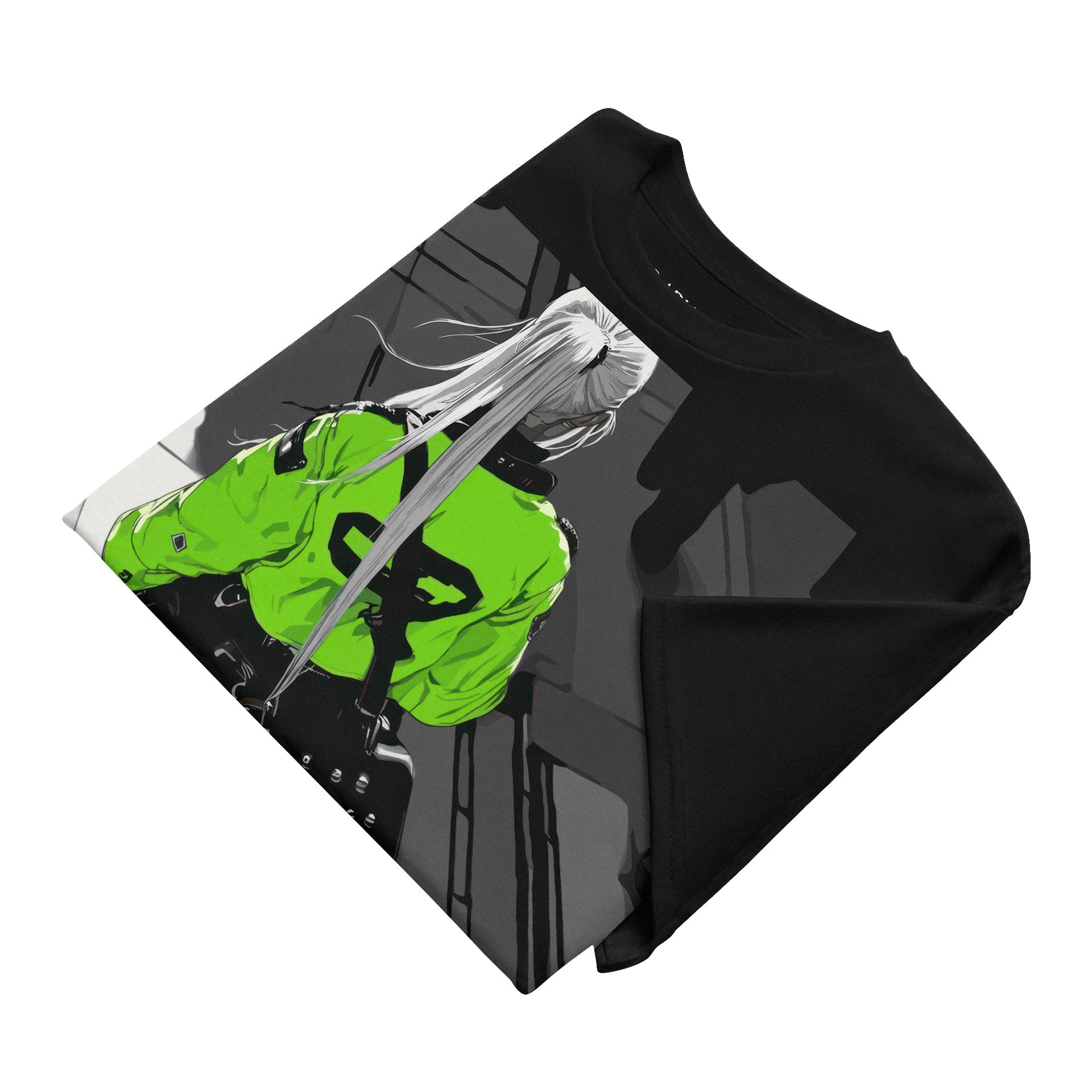 Black t-shirt with a green graphic design on a white background Black t-shirt with a graphic of a person in a green jacket and black skirt on a white background anime manga tokyoarkade tokyo Arkade otaku