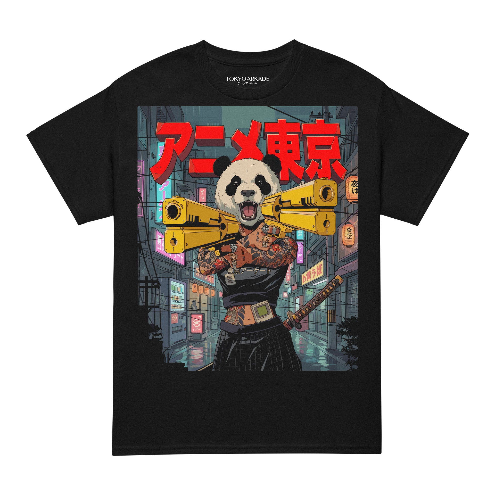 Black t-shirt with a panda holding a gun graphic and Japanese text on a white background anime manga otaku gamer gaming