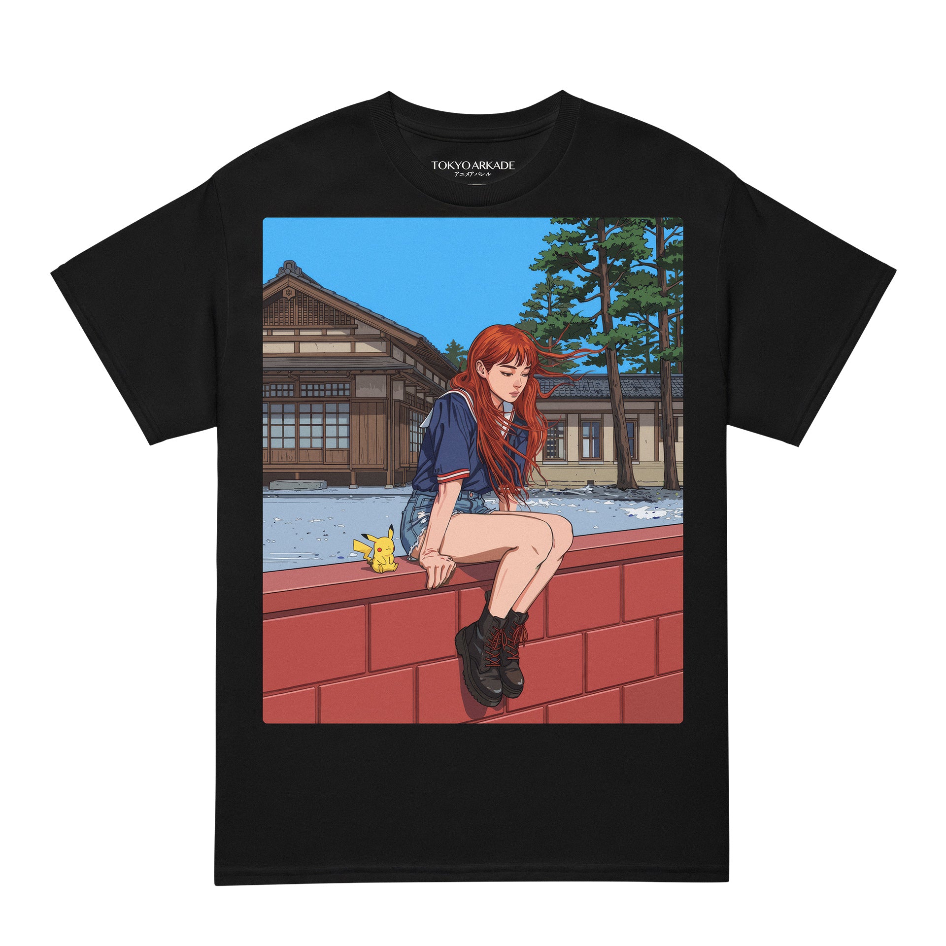 Black t-shirt with an anime-style graphic of a girl with red hair and a small yellow creature sitting on a red wall.