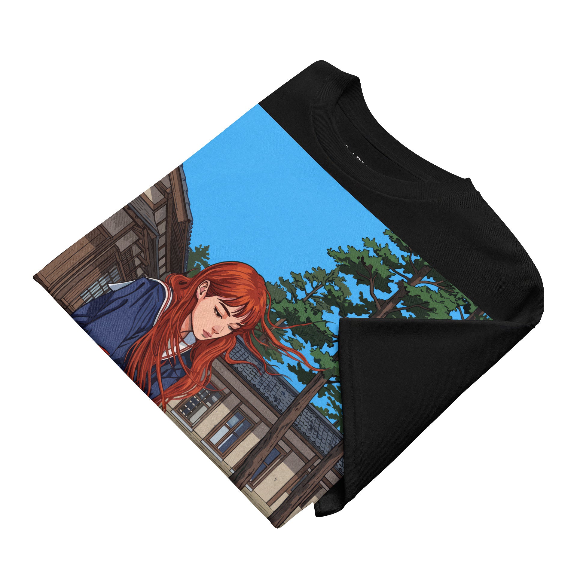 Black t-shirt with anime-style design of a character with red hair and traditional clothing. Black t-shirt with an anime-style graphic of a girl with red hair and a small yellow creature sitting on a red wall.
