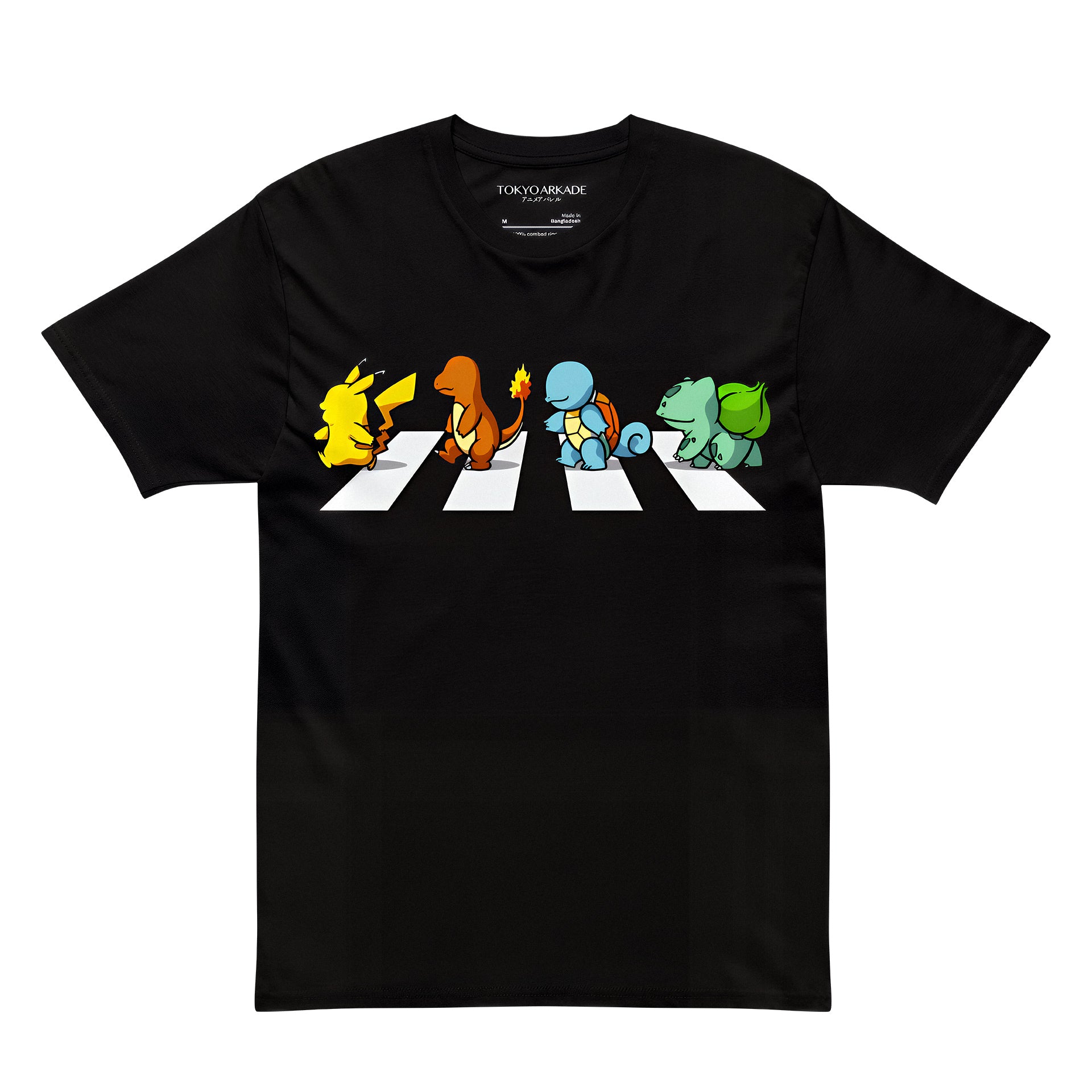 Black t-shirt with colorful cartoon characters on a white background