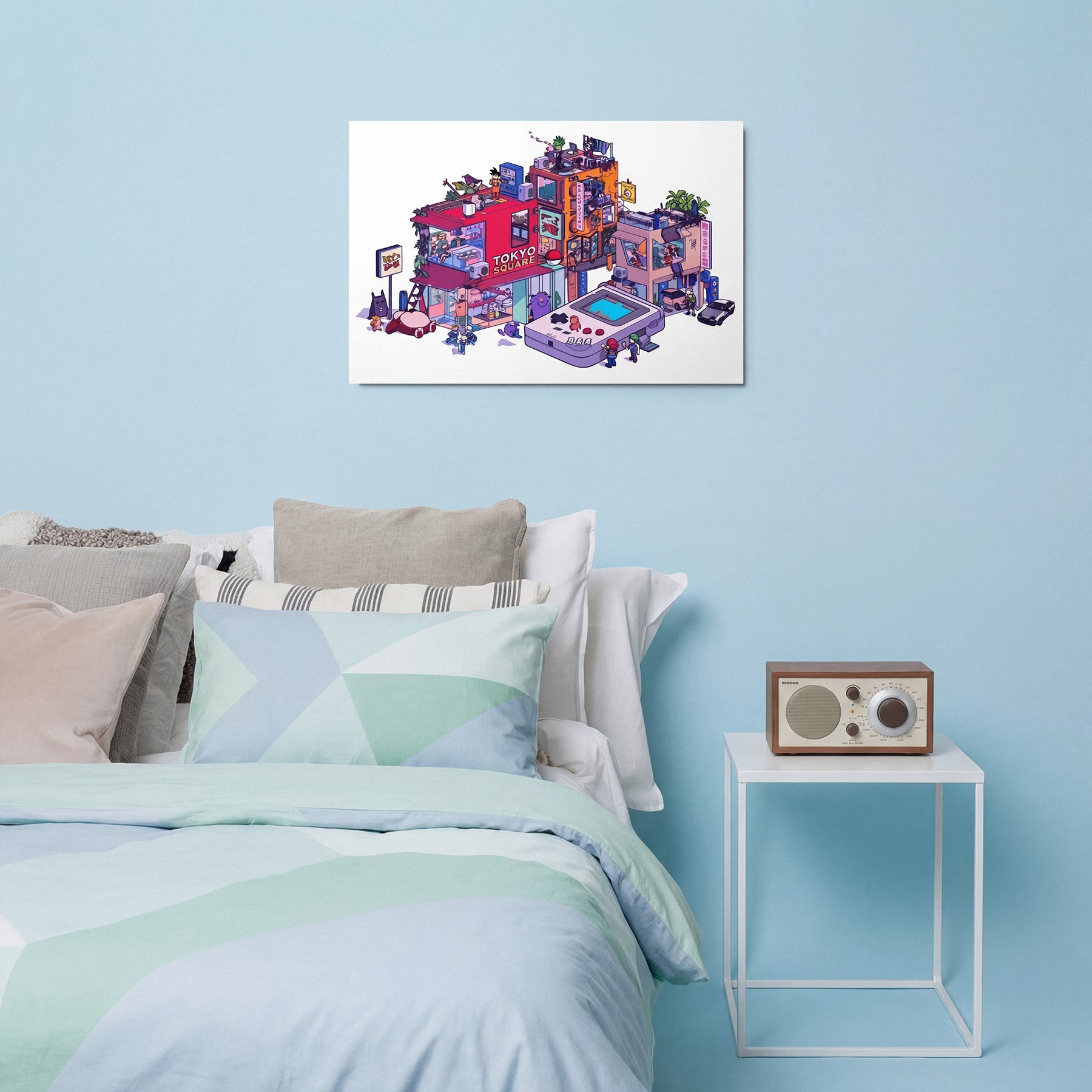 Colorful cityscape painting on a blue wall above a bed with pastel bedding.