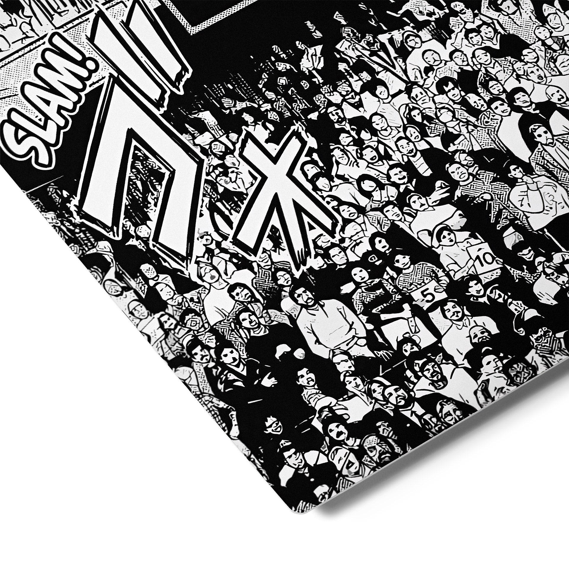 Comic book cover with black and white illustration of a crowd and action lines. Black and white illustration of a basketball player in action during a game. fly bulls dunk