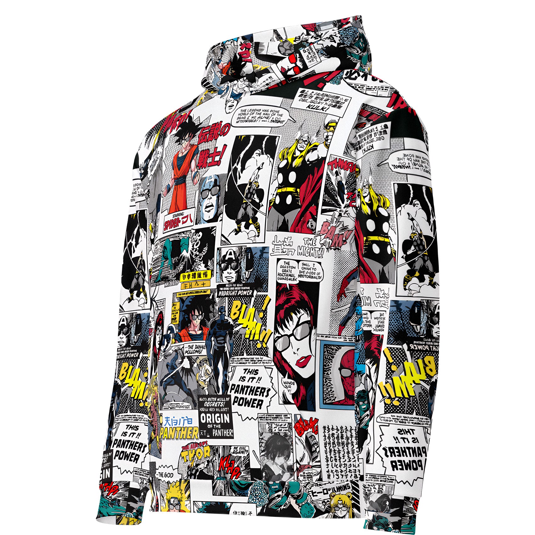 Hoodie with comic book-style design on a white background comic characters gaming gamer