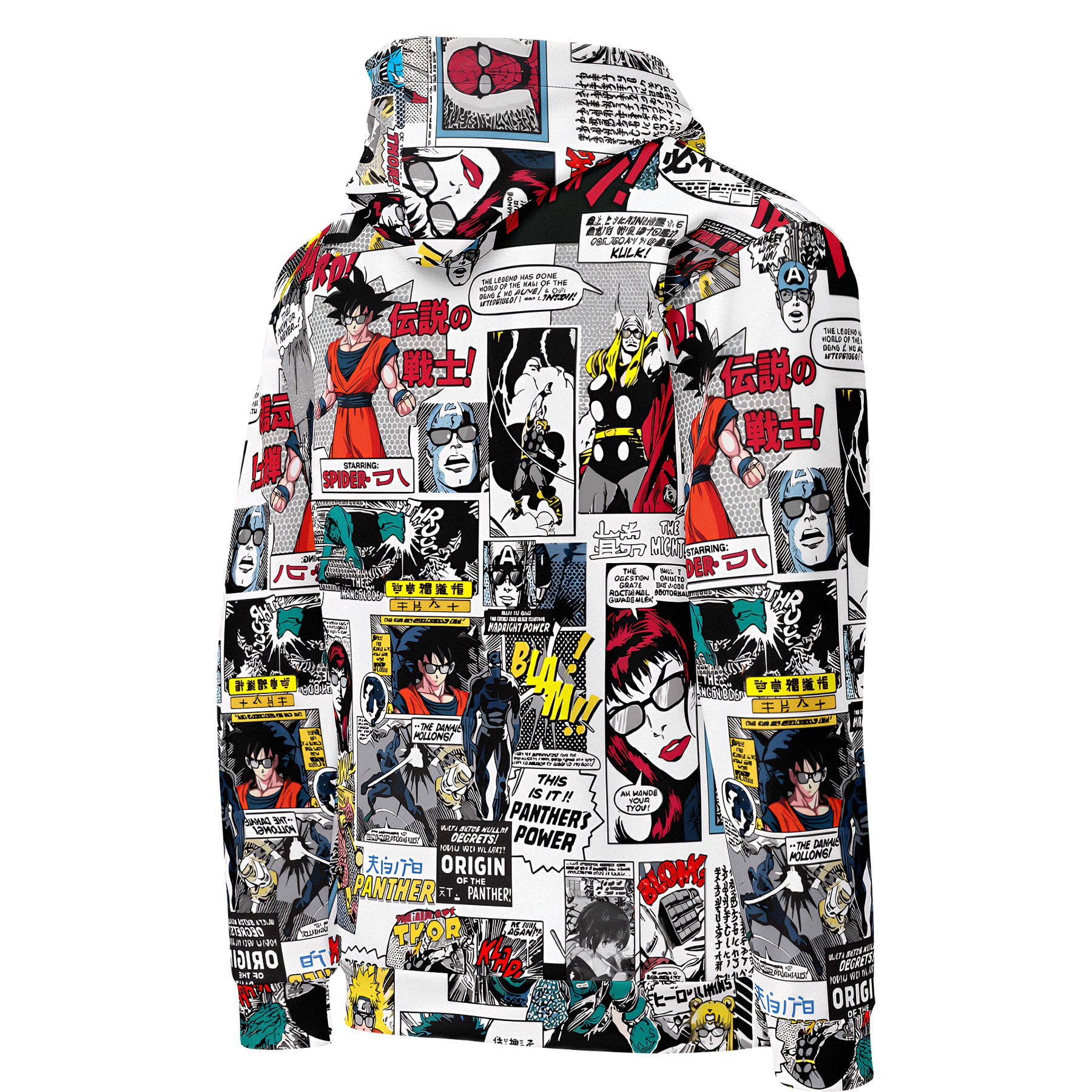 Hoodie with comic book character print on a white background Hoodie with comic book-style design on a white background comic characters gaming gamer