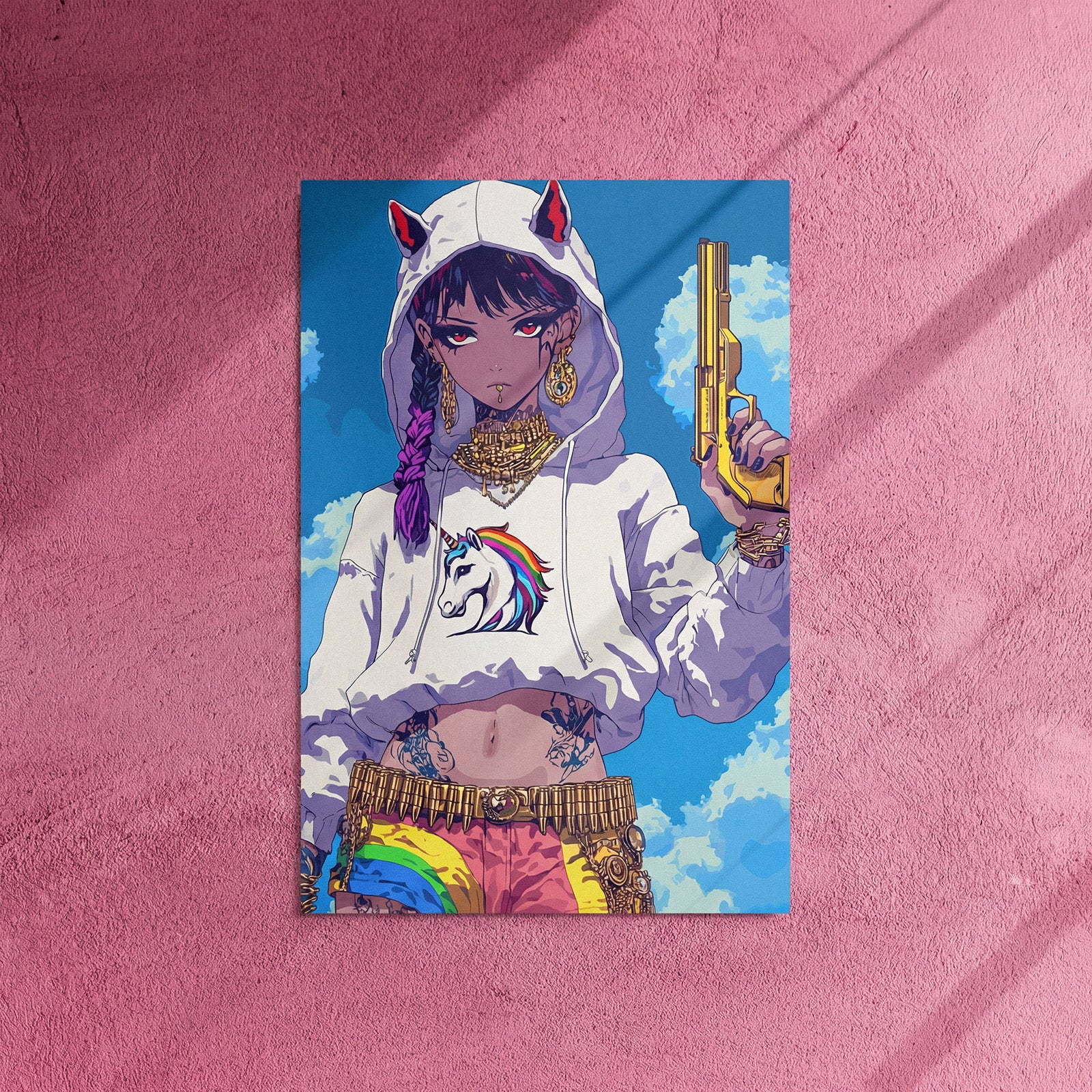 Illustration of a character wearing a hoodie with a unicorn design on a pink textured background. Person holding a colorful poster of an animated character with a hoodie and rainbow elements. Illustration of a character wearing a hoodie with a unicorn design, holding a gun, against a blue sky background.
