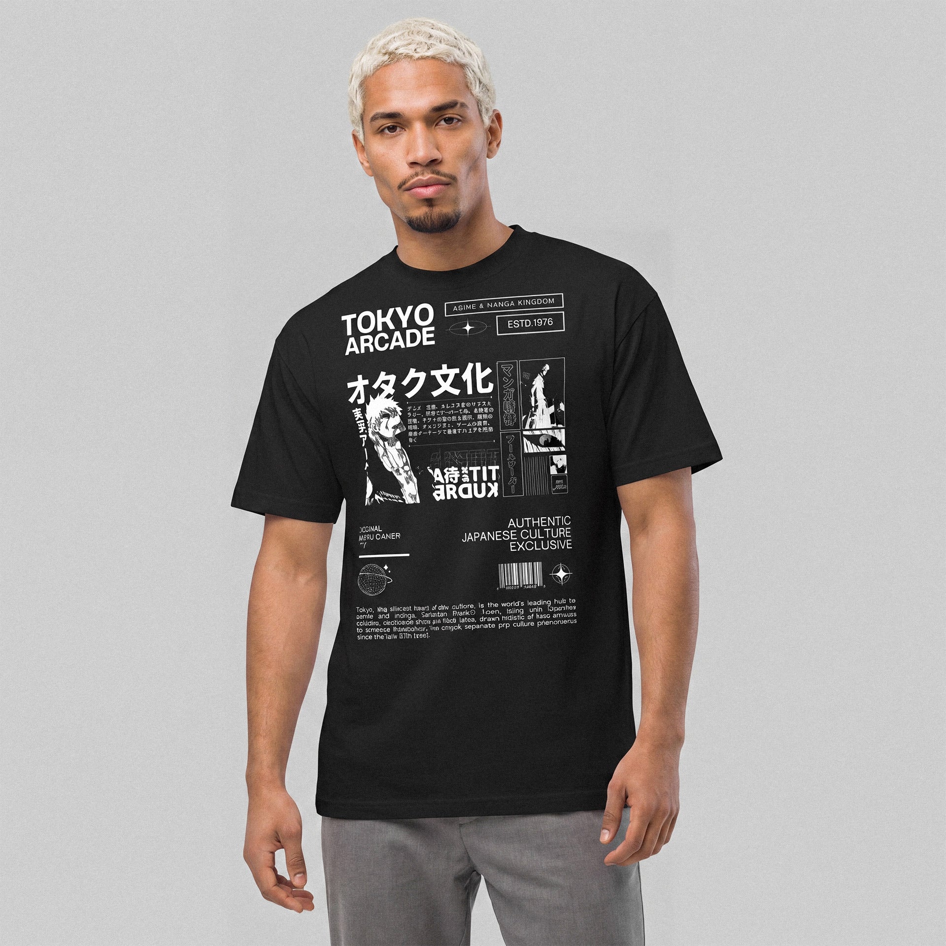 Man wearing a black t-shirt with 'Tokyo Arcade' design on a gray background kanji anime