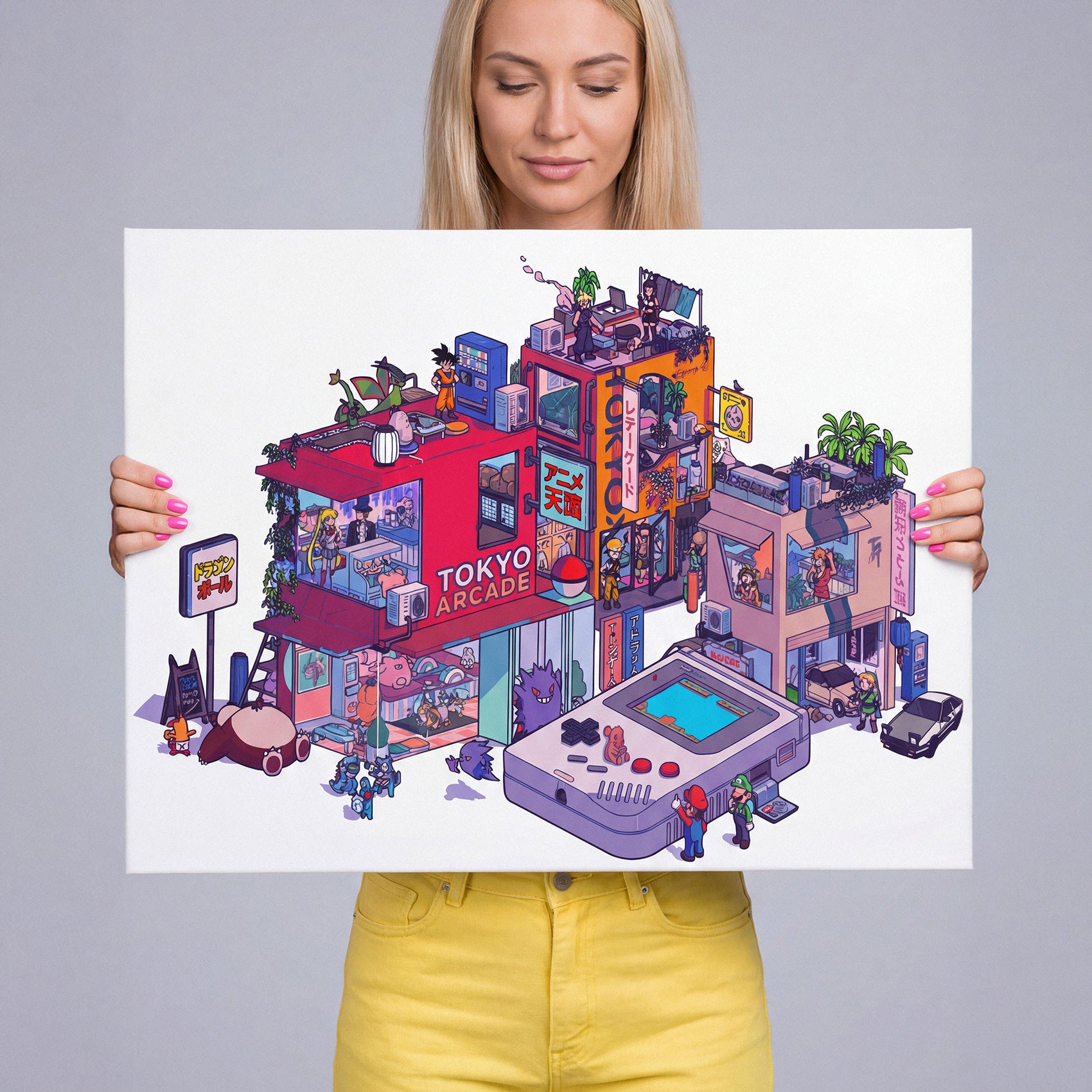 Person holding a colorful illustration of a Tokyo arcade scene
