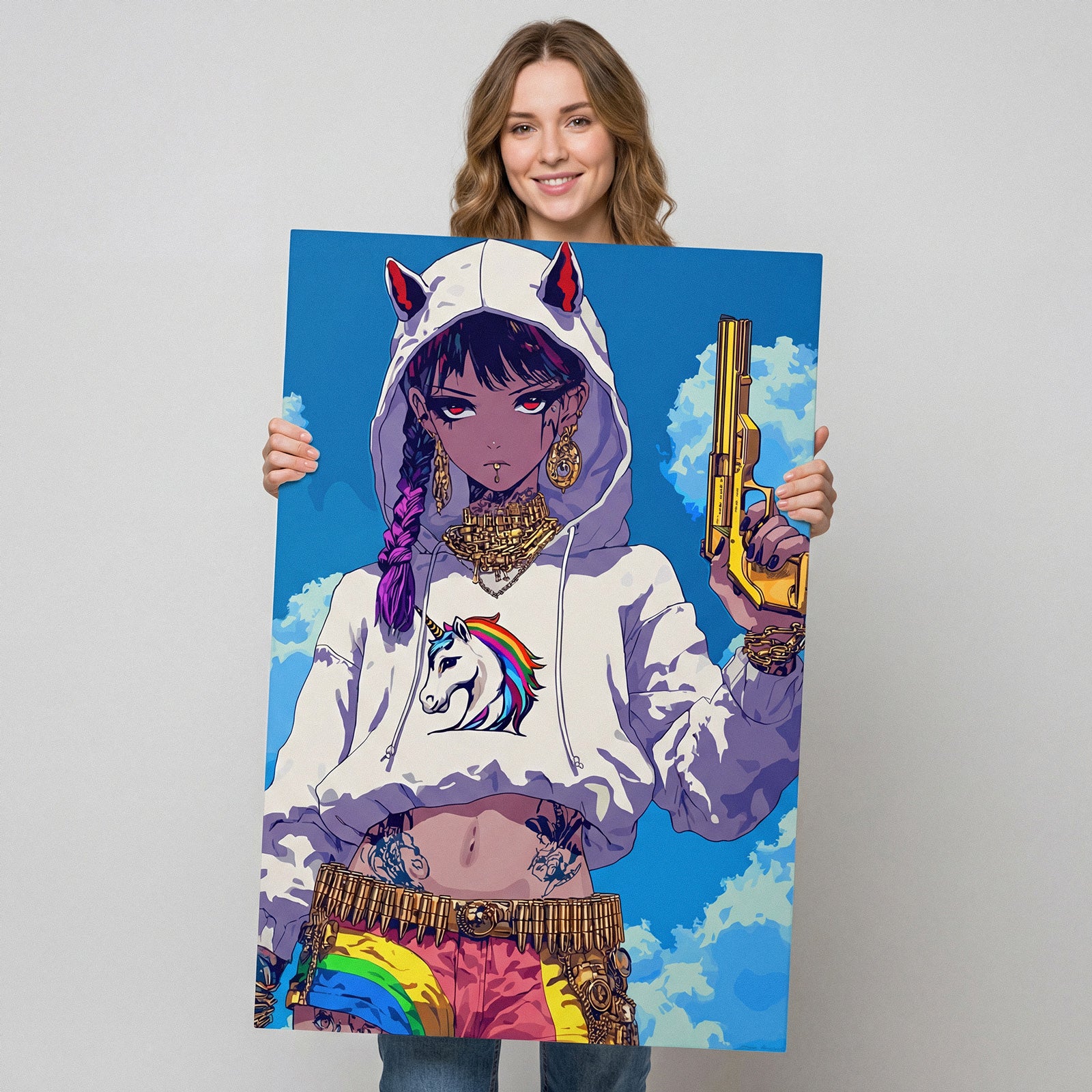 Person holding a colorful poster of an animated character with a hoodie and rainbow elements. Illustration of a character wearing a hoodie with a unicorn design, holding a gun, against a blue sky background.
