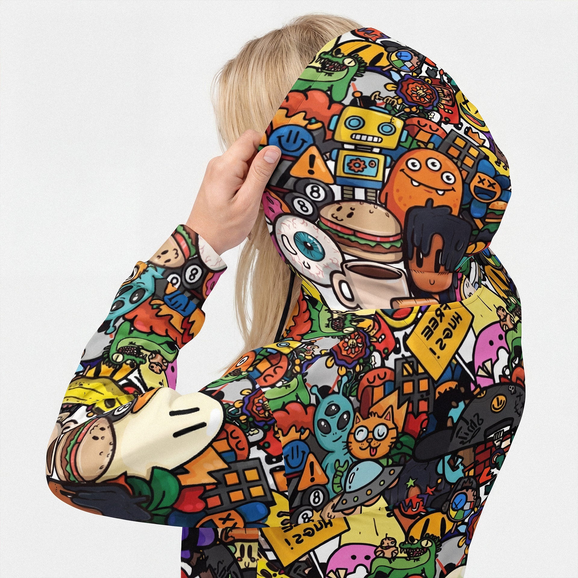 Person wearing a colorful hoodie with cartoon character design on a white background another earth anime manga otaku tokyo arcade japan animeart mangaart animeedit animefan otakulife weeb culture tokyojapan animecommunity mangalover animeworld cyberpunk japanvibes animeculture animeaesthetic japananime animeclips kawaii japantrend neonjapan animecity otakuculture animeinspo mangaartist animevisuals animefx japanpopculture animehub animevibes