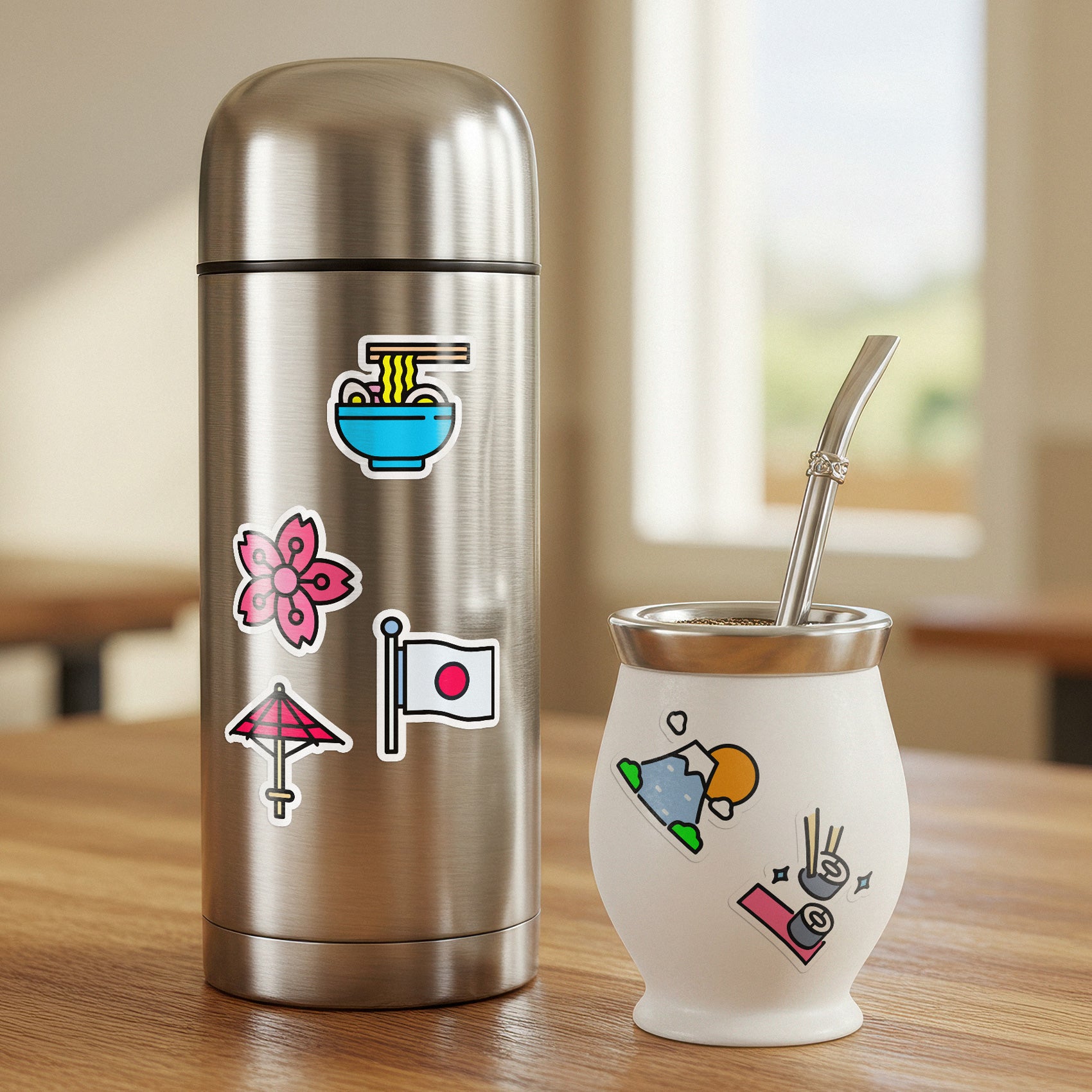 Stainless steel thermos and white ceramic cup with colorful designs on a wooden table. Add personality to your belongings with kiss cut vinyl decals. They feature a satin finish, apply bubble free, are durable, dishwasher safe and remove cleanly perfect for laptops, bottles or notebooks.