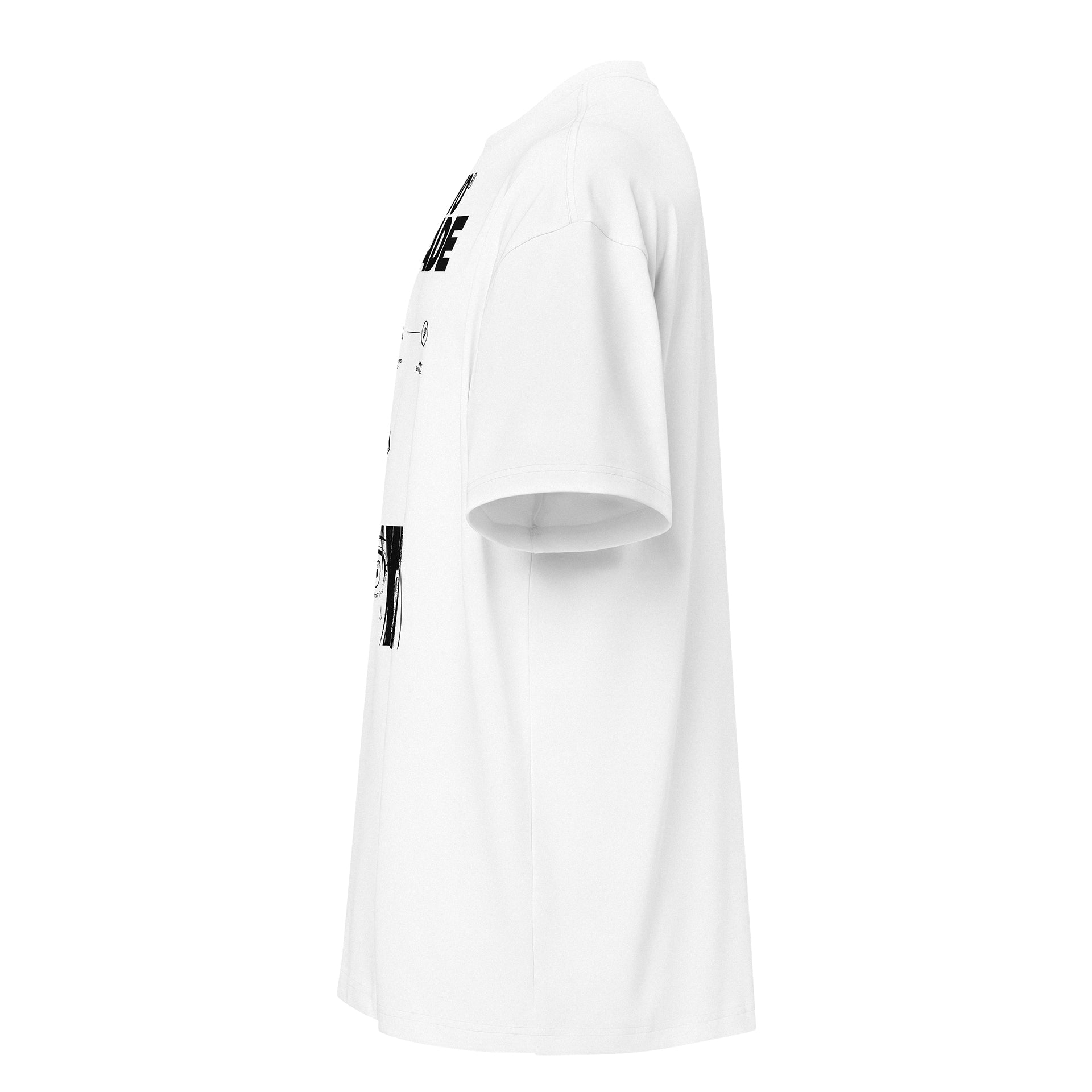 White long-sleeve shirt with black text and graphics on a white background