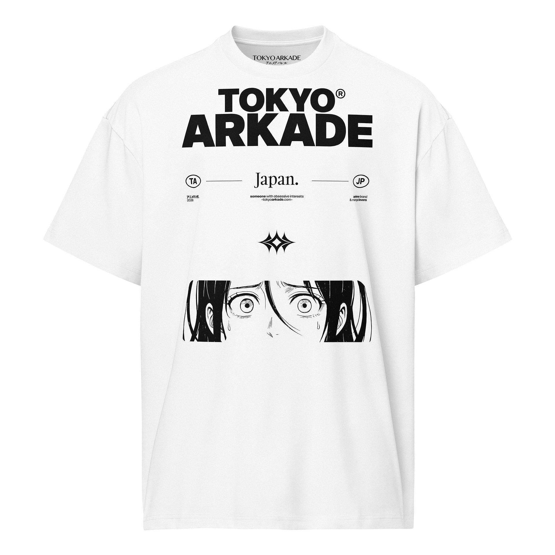 White t-shirt with 'Tokyo Arkade' branding and anime-style design on a white background