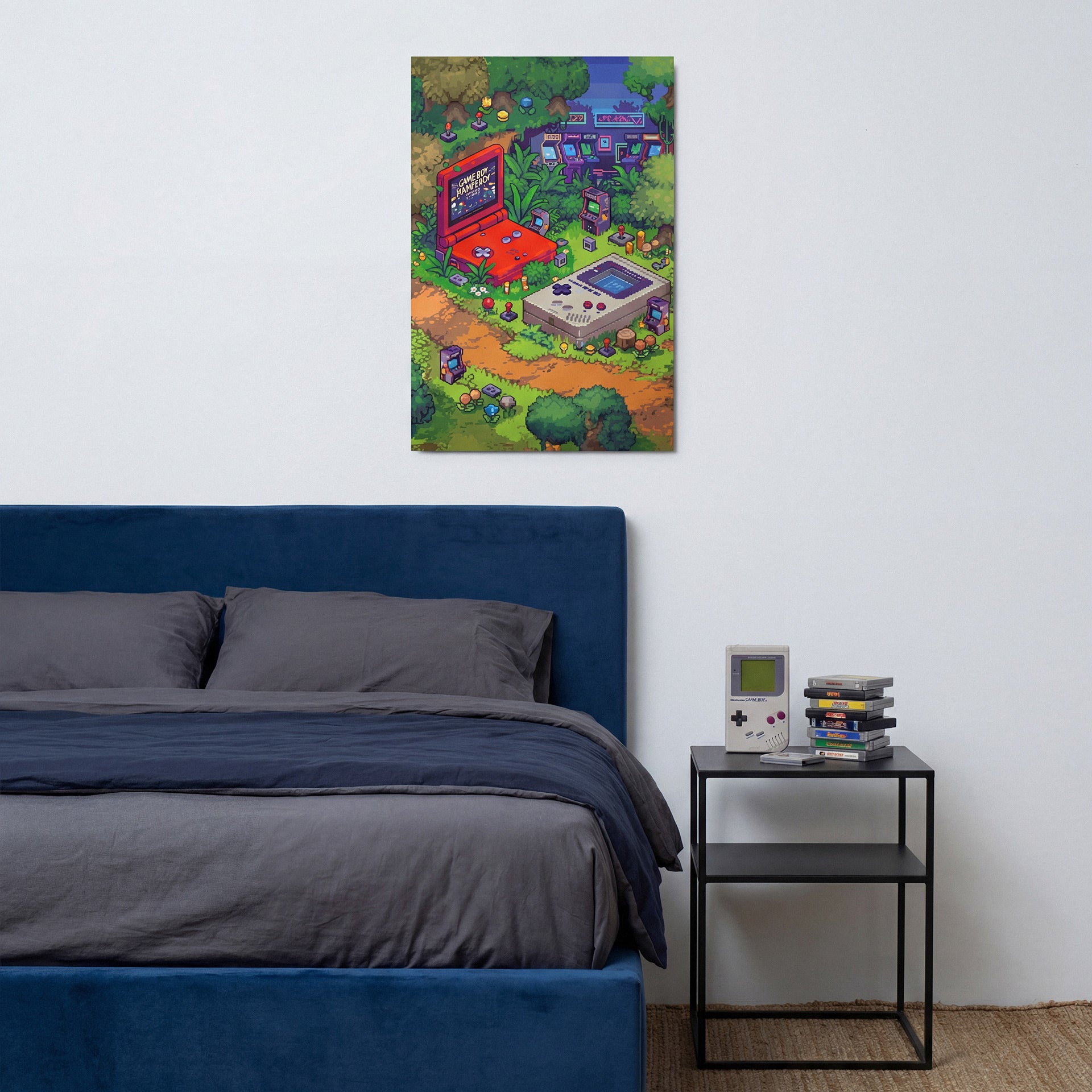 Bedroom with a colorful painting of a retro video game scene above a bed. Person holding a colorful poster of a retro video game scene with various gaming elements. Pixelated landscape with a character and vehicles on a grassy area Pixel art scene with a red arcade machine and various gaming elements in a retro style. tokyo Arkade anime otaku manga