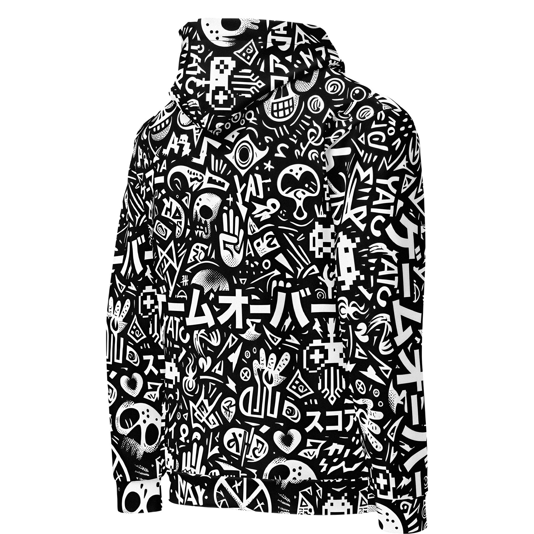 Black and white patterned hoodie on a white background