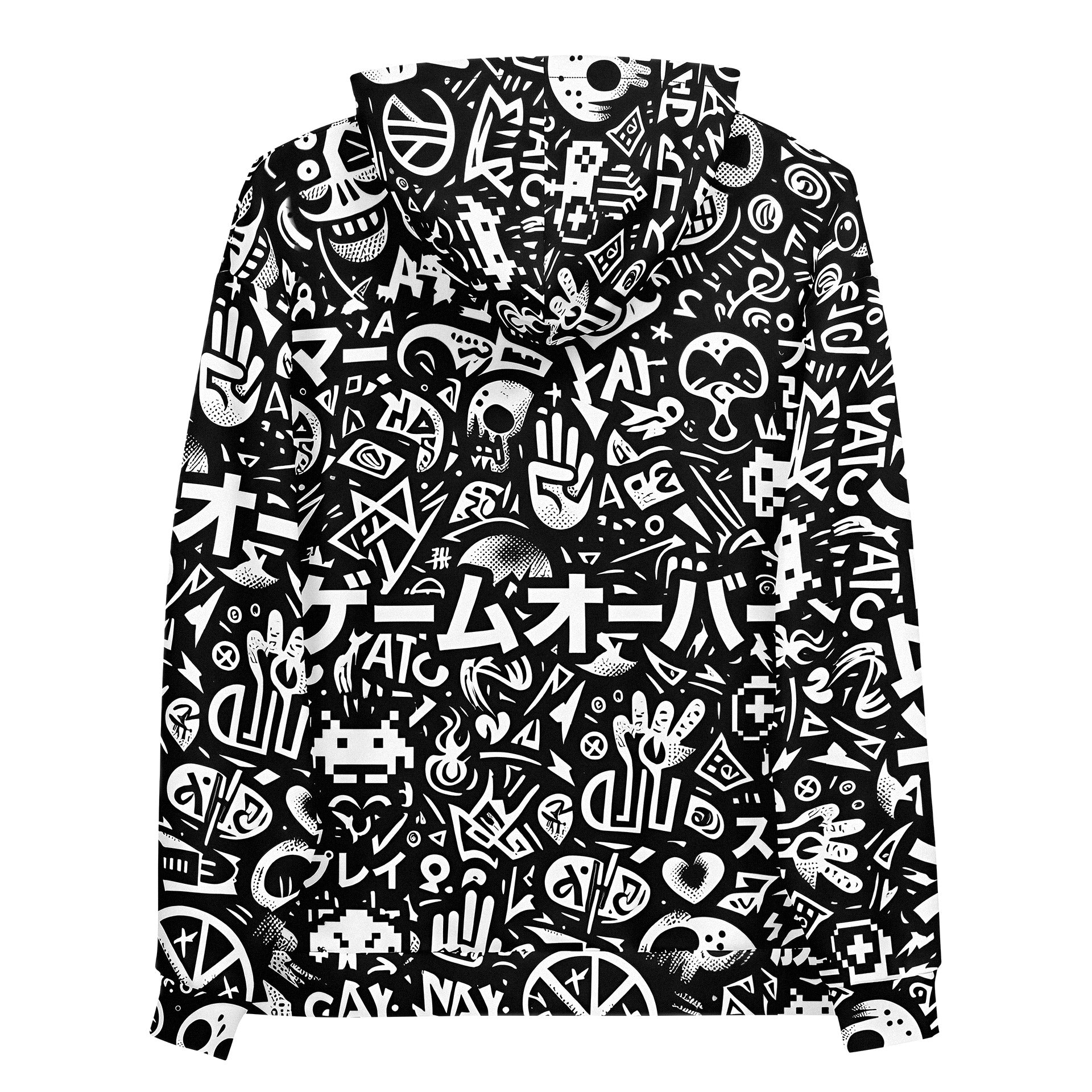 Black and white patterned shirt with various symbols and text on a white background otaku anime manga gamer gaming apparel