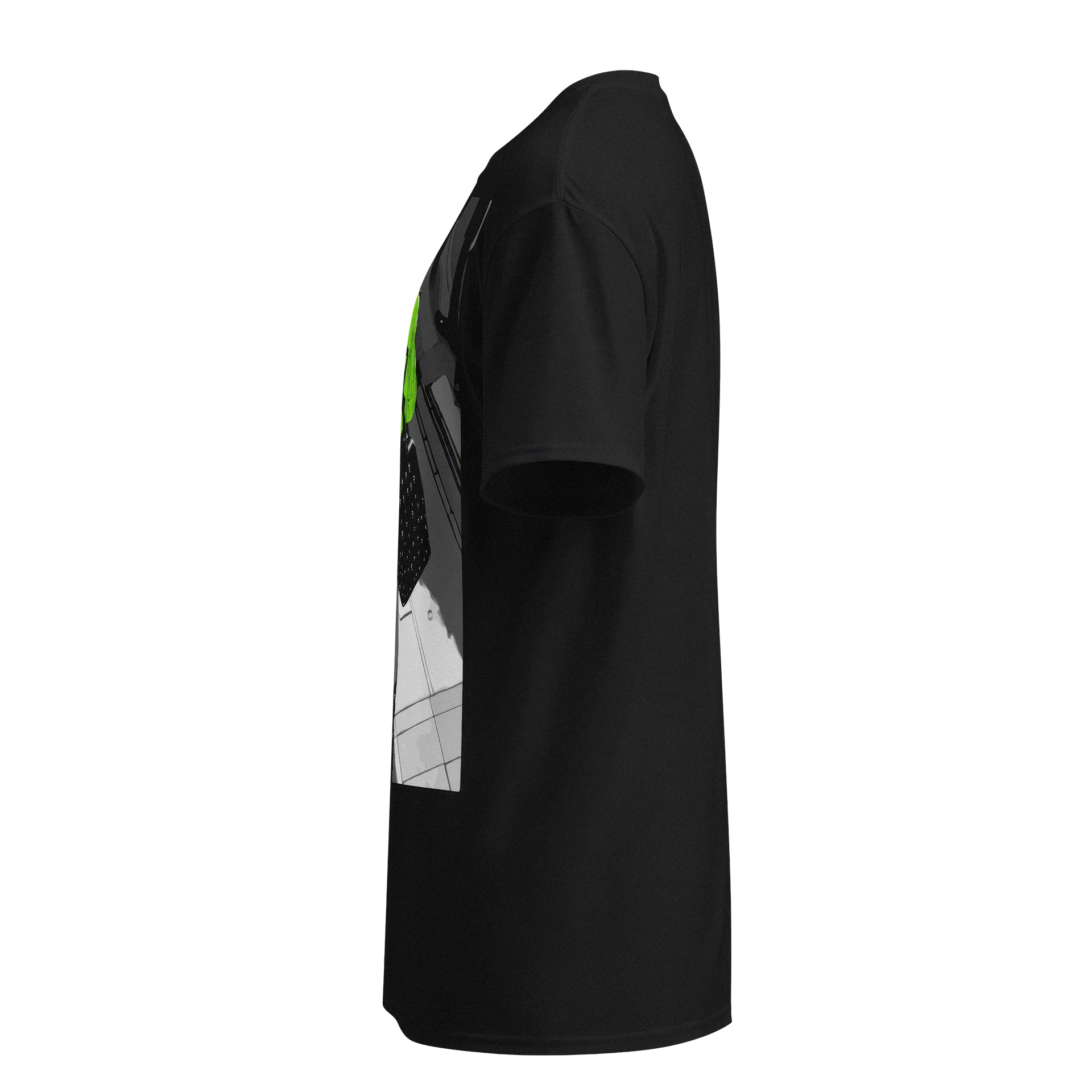 Black coat on a white background Black t-shirt with a green graphic design on a white background Black t-shirt with a graphic of a person in a green jacket and black skirt on a white background anime manga tokyoarkade tokyo Arkade otaku