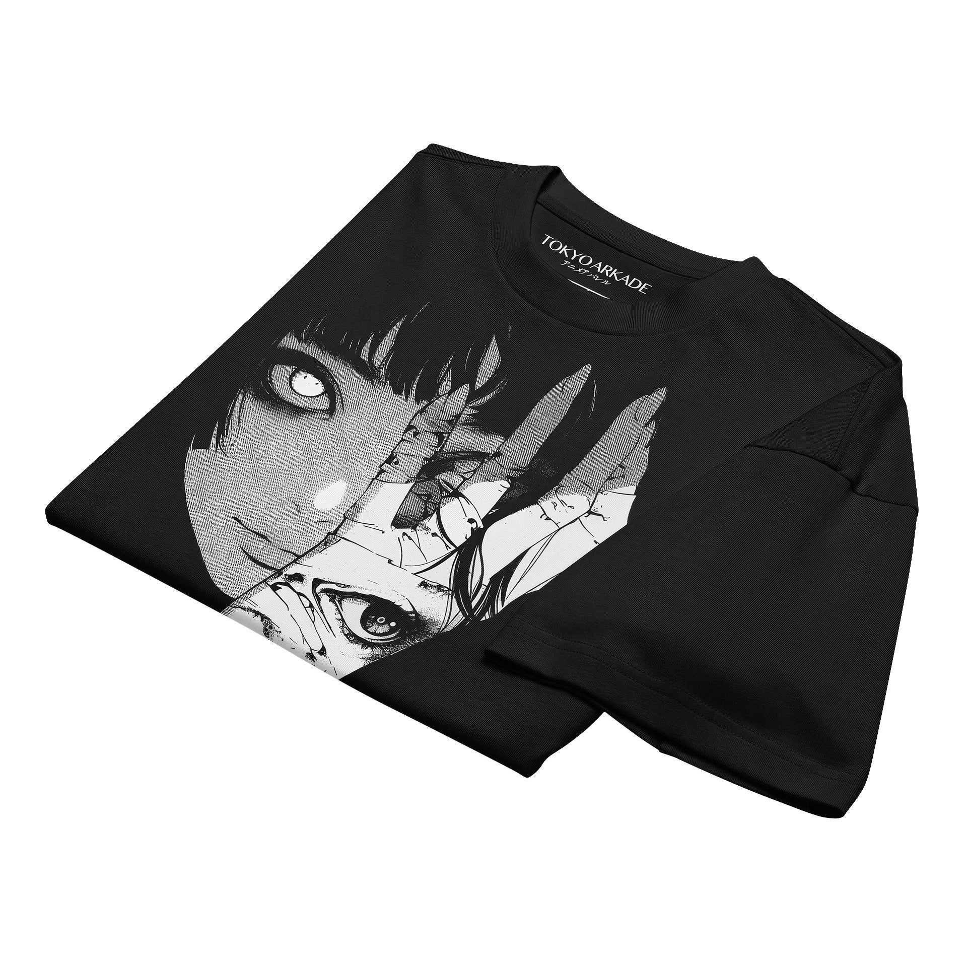 Black sweatshirt with anime-style design on a white background