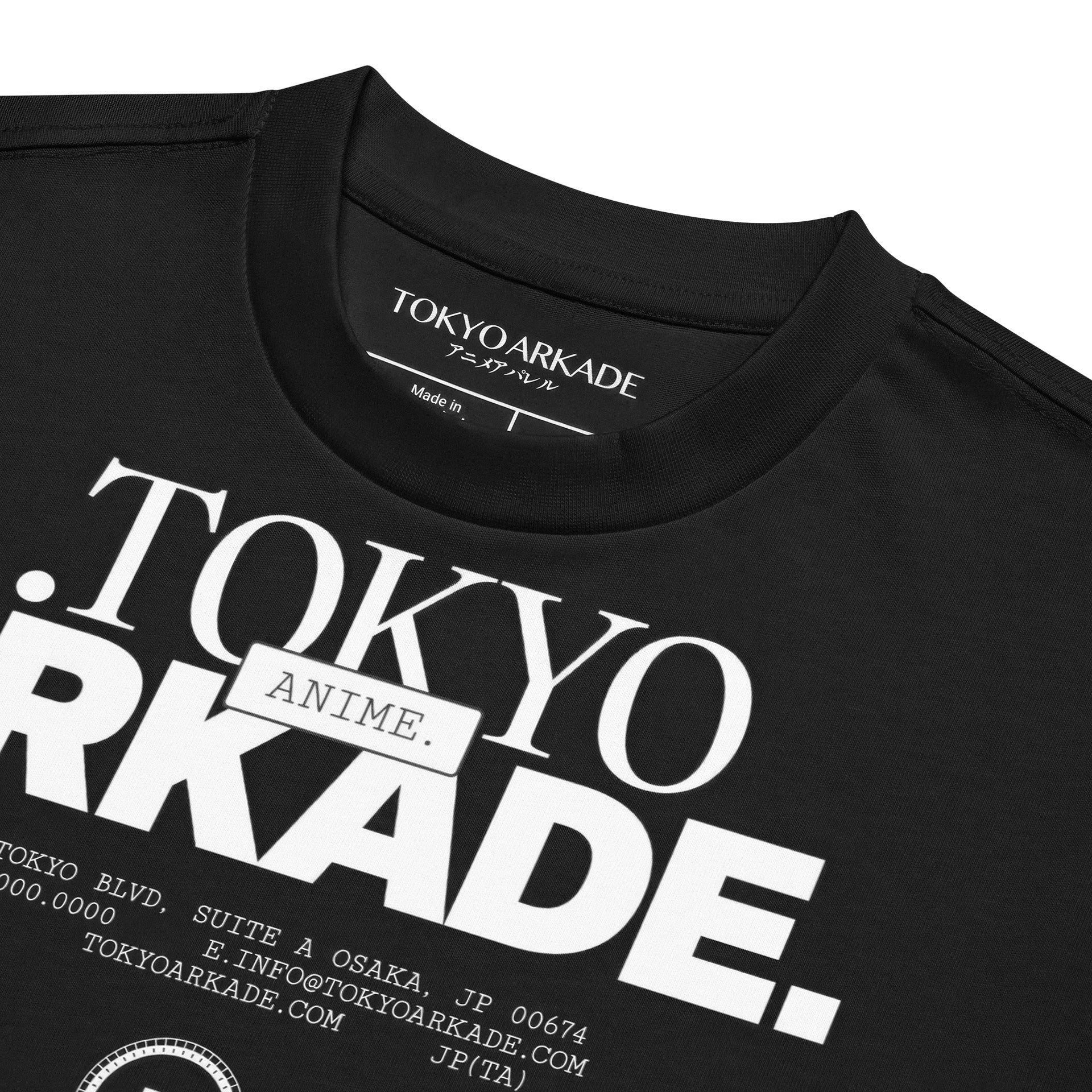 Black t-shirt with TOKYO ARKADE branding and text on a white  Black t-shirt with 'TOKYO ARKADE' text and anime-style eye design on a white background background