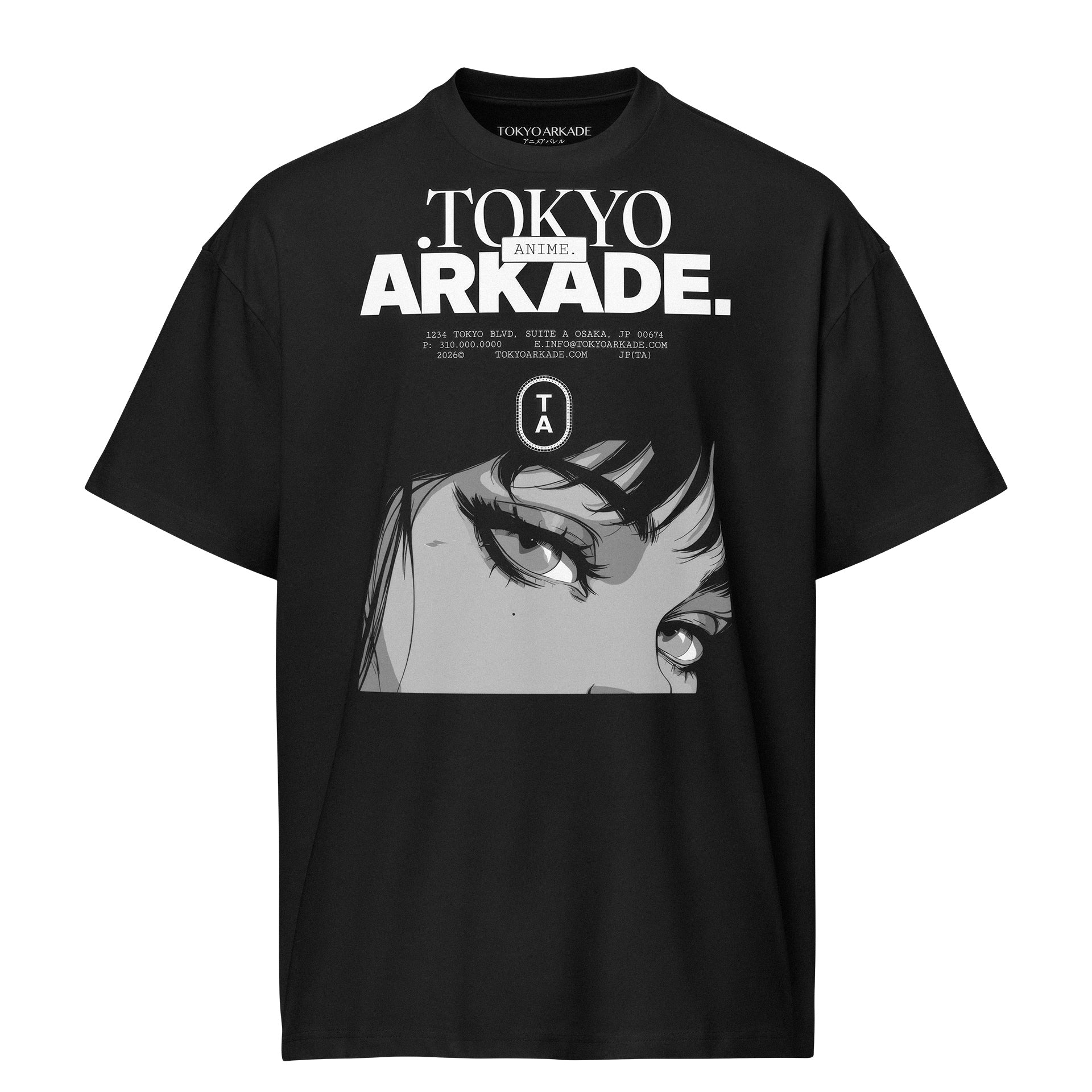 Black t-shirt with 'TOKYO ARKADE' text and anime-style eye design on a white background