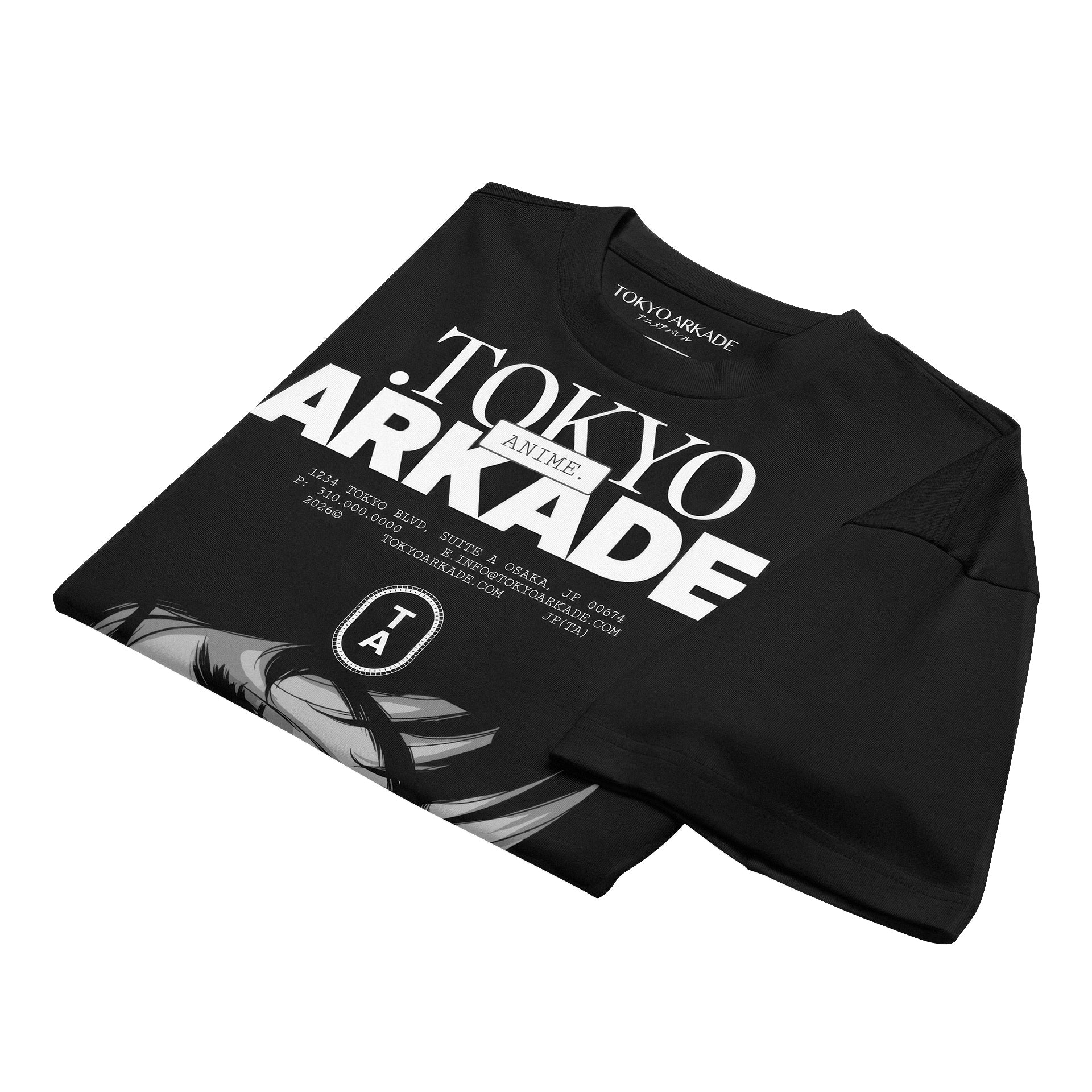 Black t-shirt with 'Tokyo Arkade' text on a white background