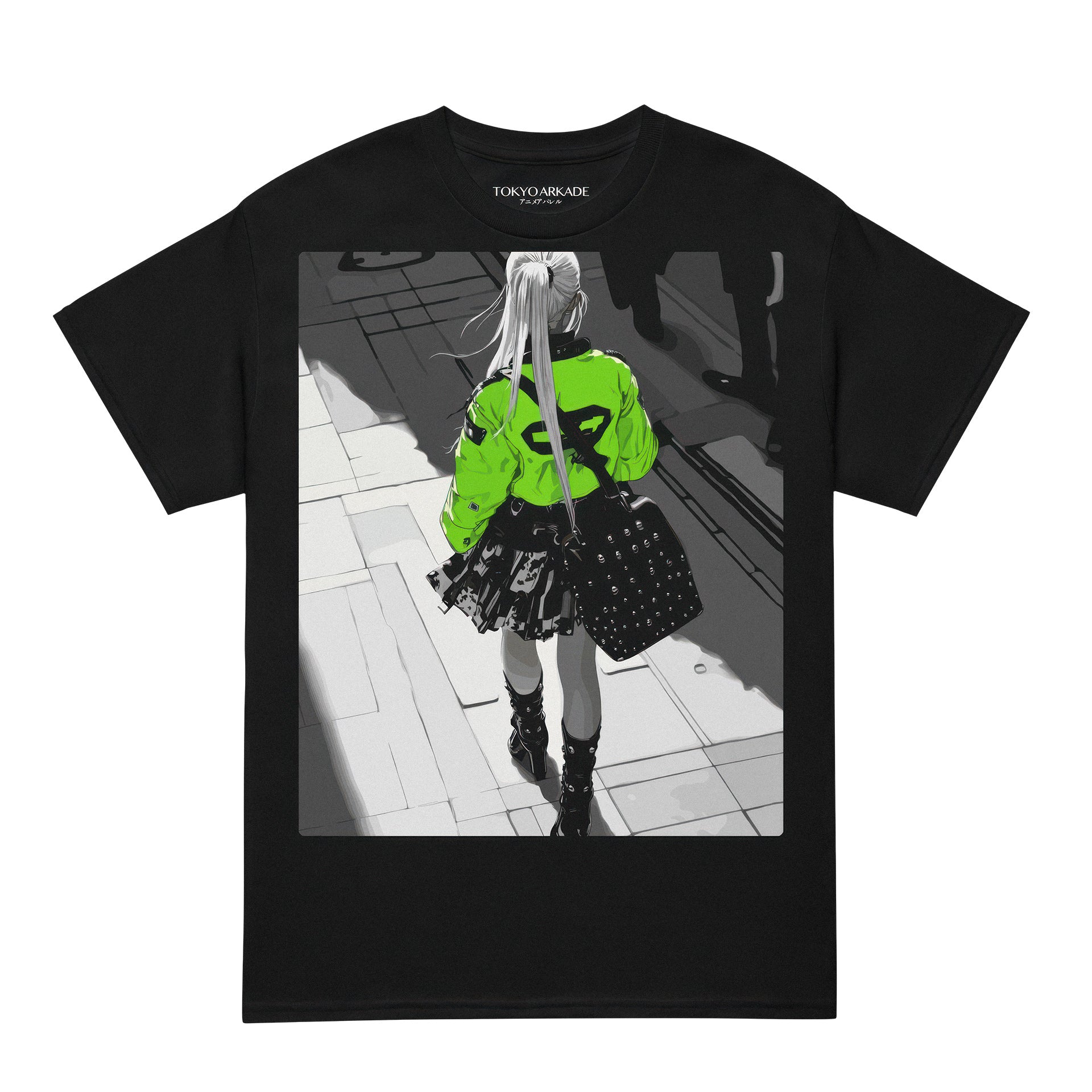 Black t-shirt with a graphic of a person in a green jacket and black skirt on a white background anime manga tokyoarkade tokyo Arkade otaku
