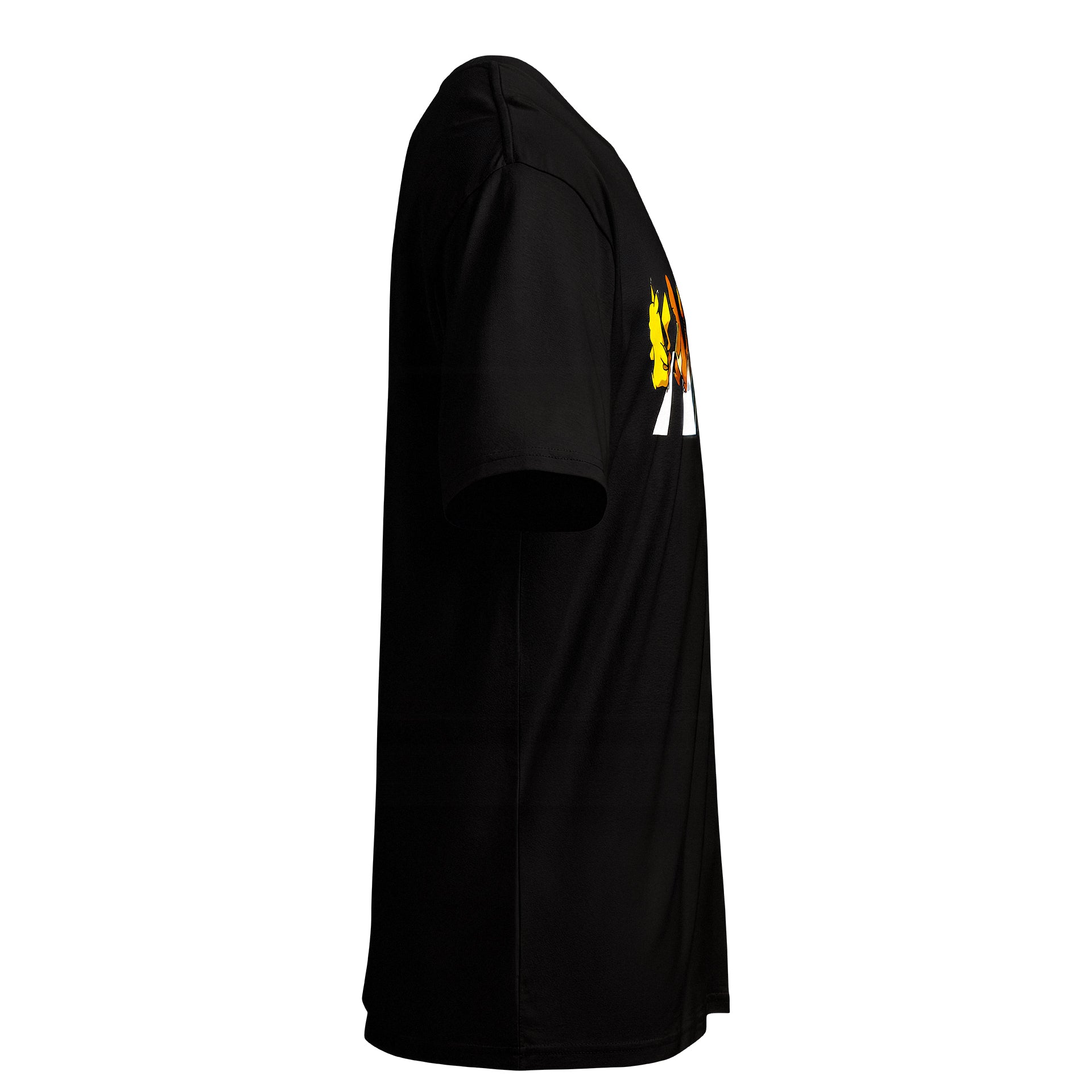 Black t-shirt with a logo on the sleeve against a white background