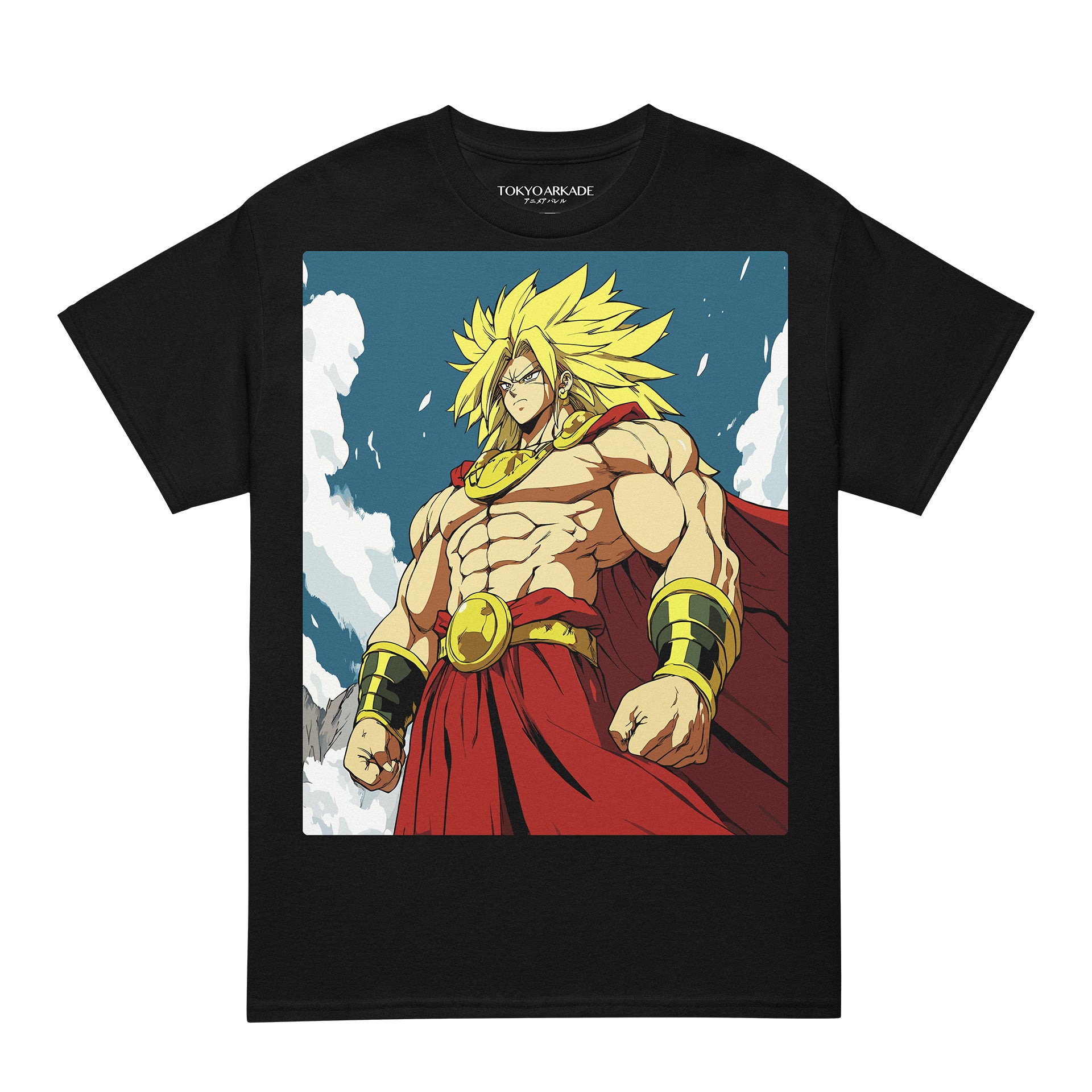 Black t-shirt with an anime character in a red outfit on a white background dragon anime manga tokyo arkade