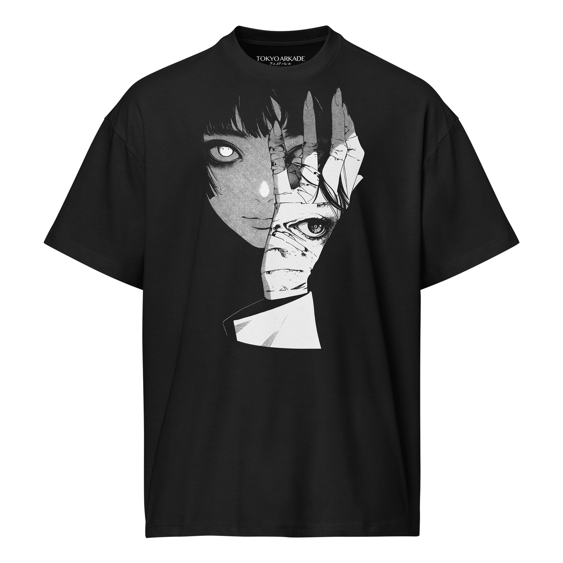 Black t-shirt with anime-style graphic design on a white background