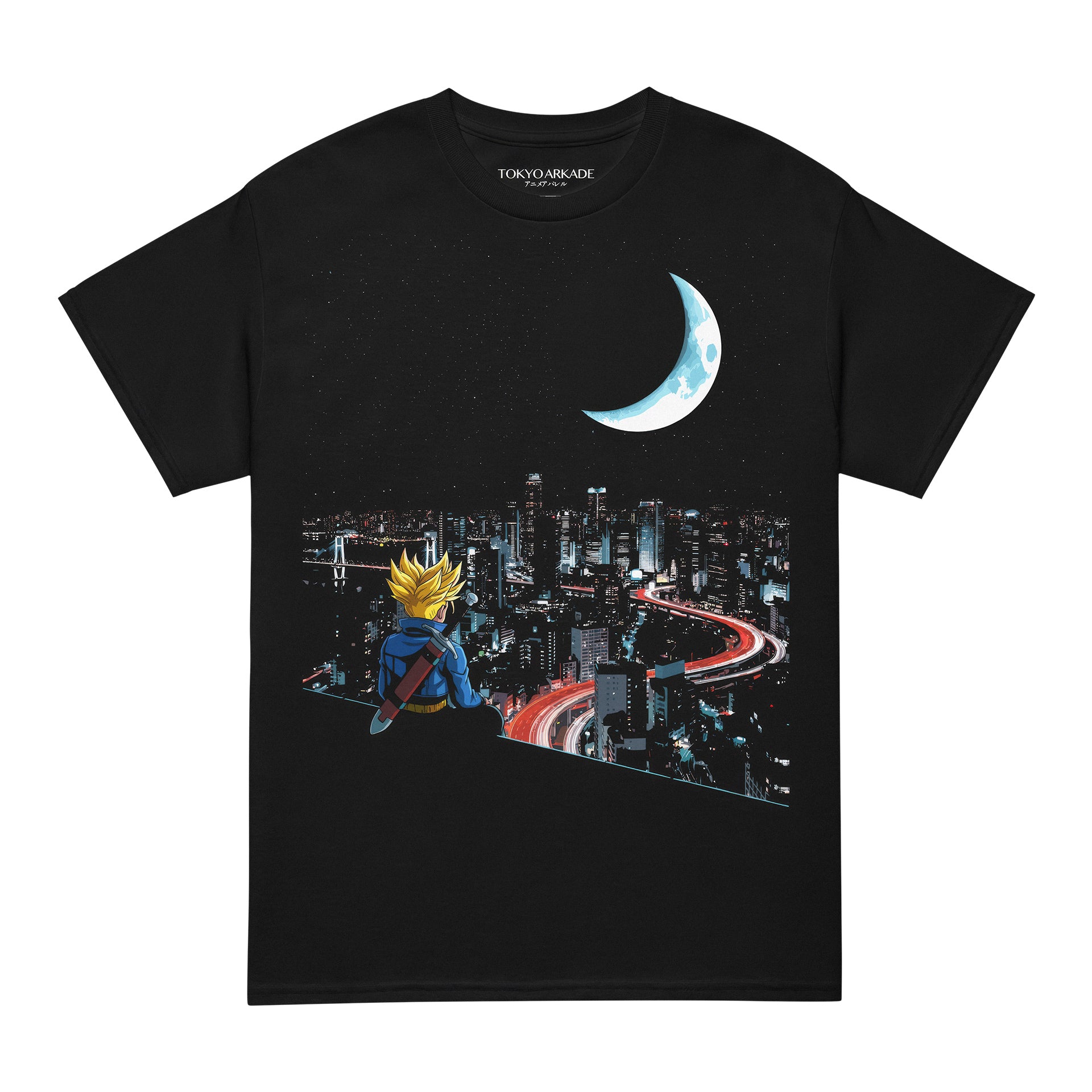 Black t-shirt with anime character and cityscape design, featuring Tokyo Maker branding.
