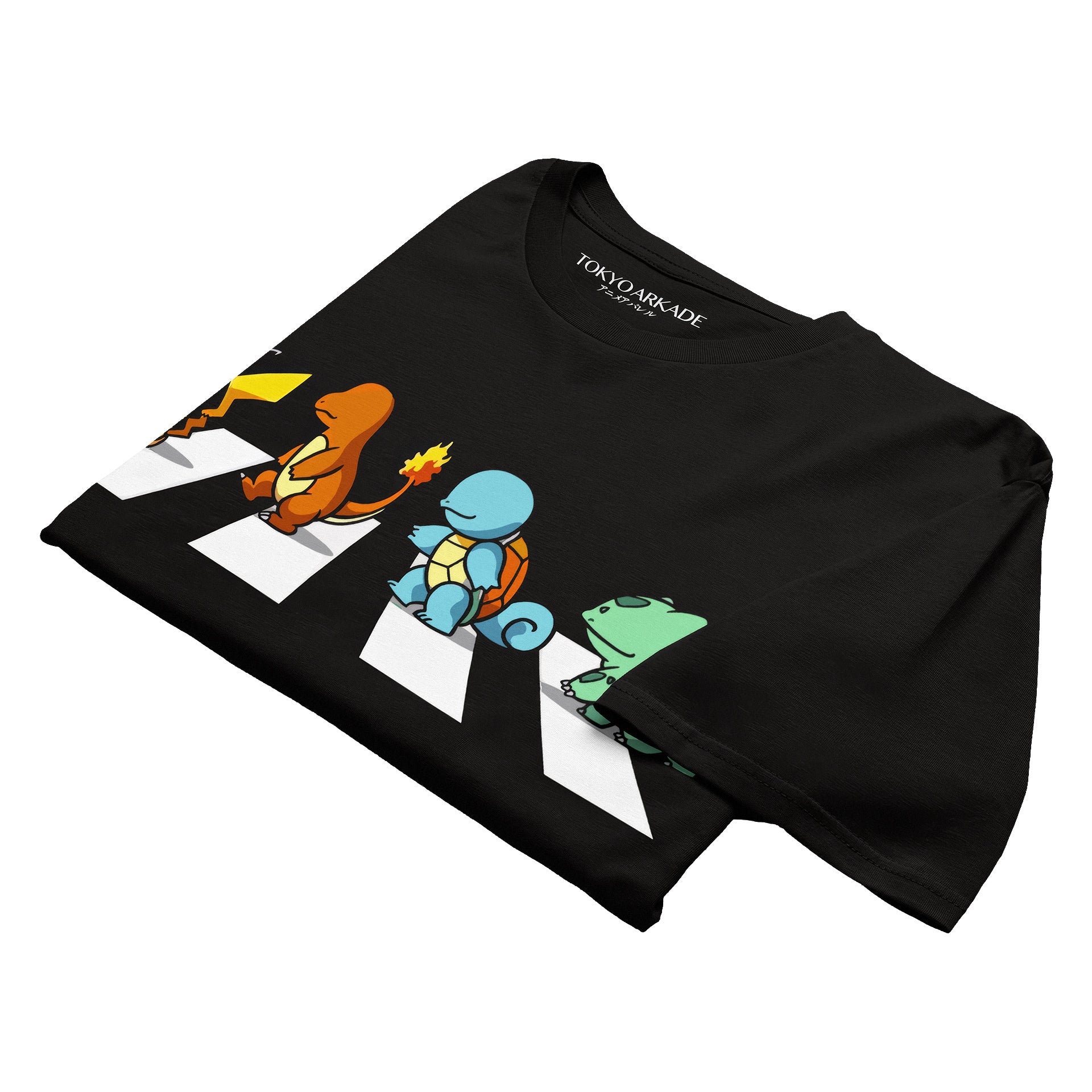 Black t-shirt with cartoon turtles on a white background Black t-shirt with cartoon characters on a white background Black_t-shirt_with_a_logo_on_the_sleeve_against_a_white_background