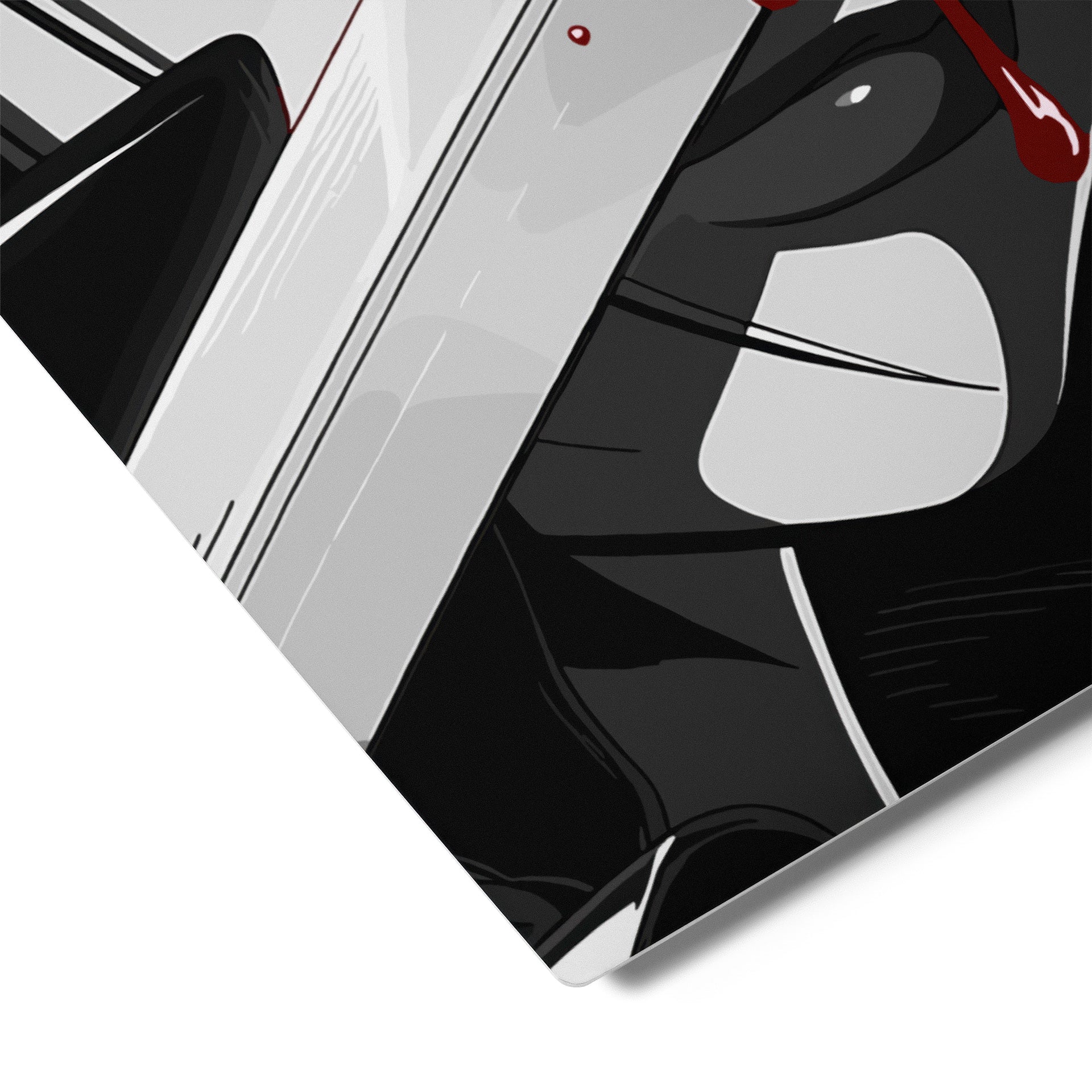 Close-up of a car's headlight and part of its body on a white background Illustration of a character with a sword through their face, blood dripping, on a white background. anime manga otaku metal aluminuma