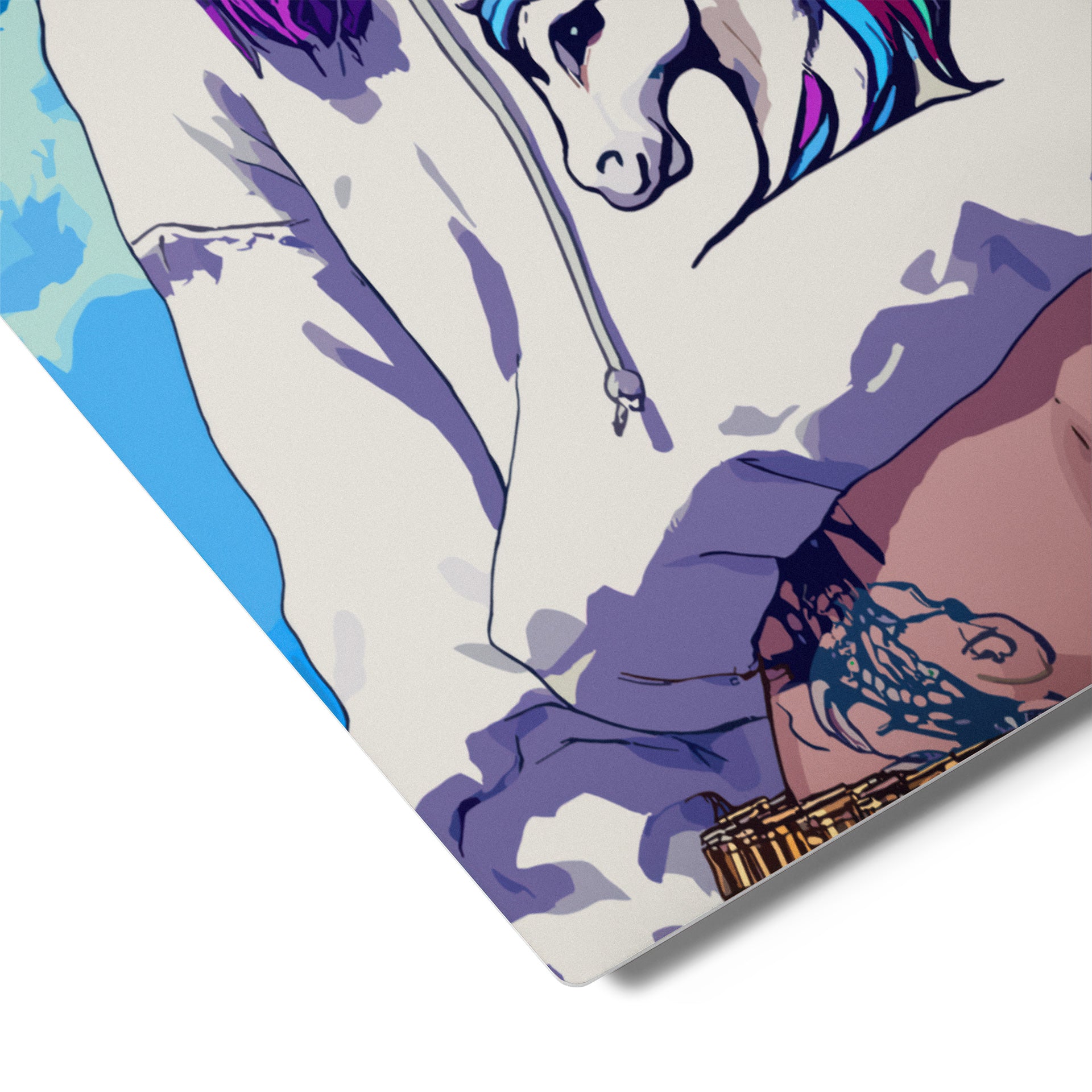 Close-up of a colorful hoodie with a horse design on a white background. Illustration of a character wearing a hoodie with a unicorn design on a pink textured background. Person holding a colorful poster of an animated character with a hoodie and rainbow elements. Illustration of a character wearing a hoodie with a unicorn design, holding a gun, against a blue sky background.