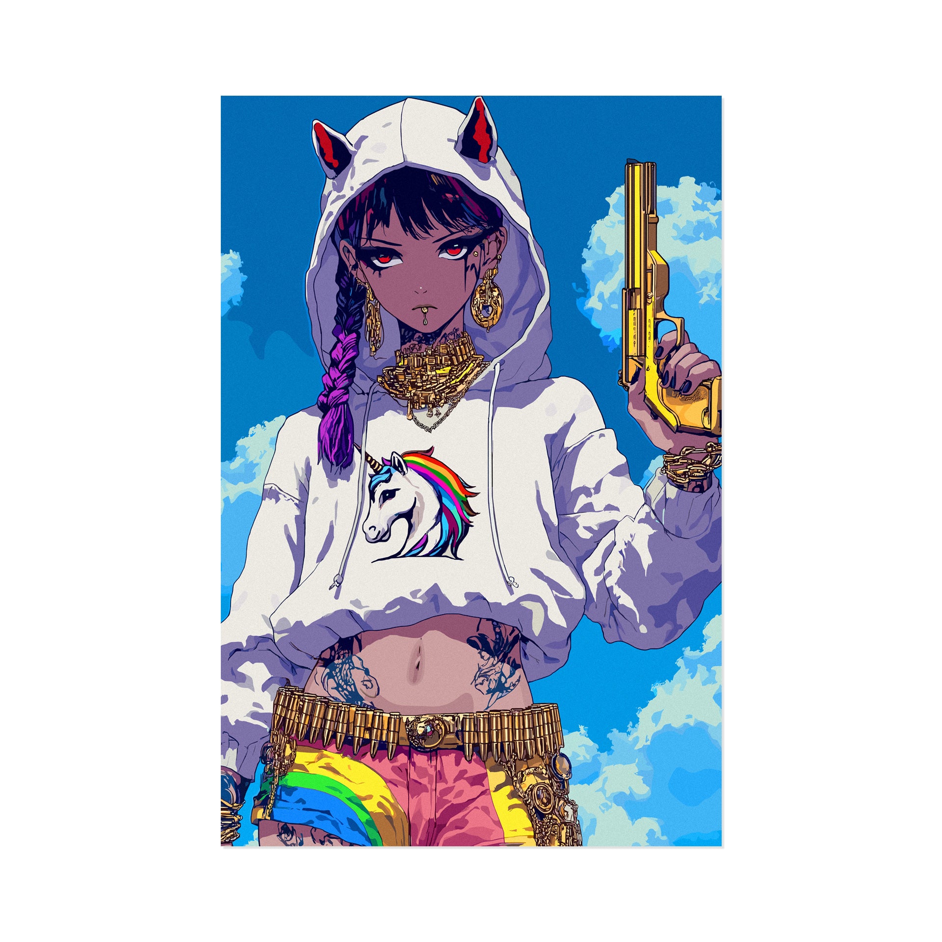 Illustration of a character wearing a hoodie with a unicorn design, holding a gun, against a blue sky background.