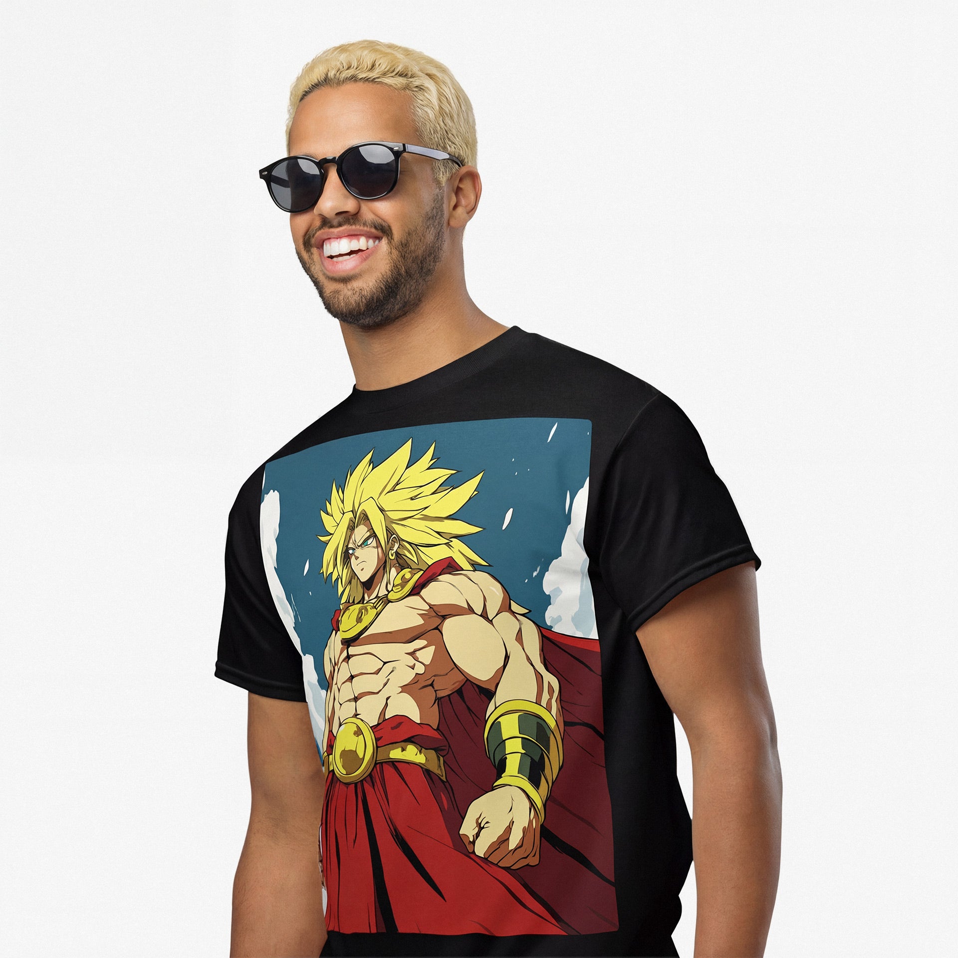 Man wearing a black t-shirt with a graphic design of a character with spiky hair and red outfit. anime manga otaku tokyo arkade