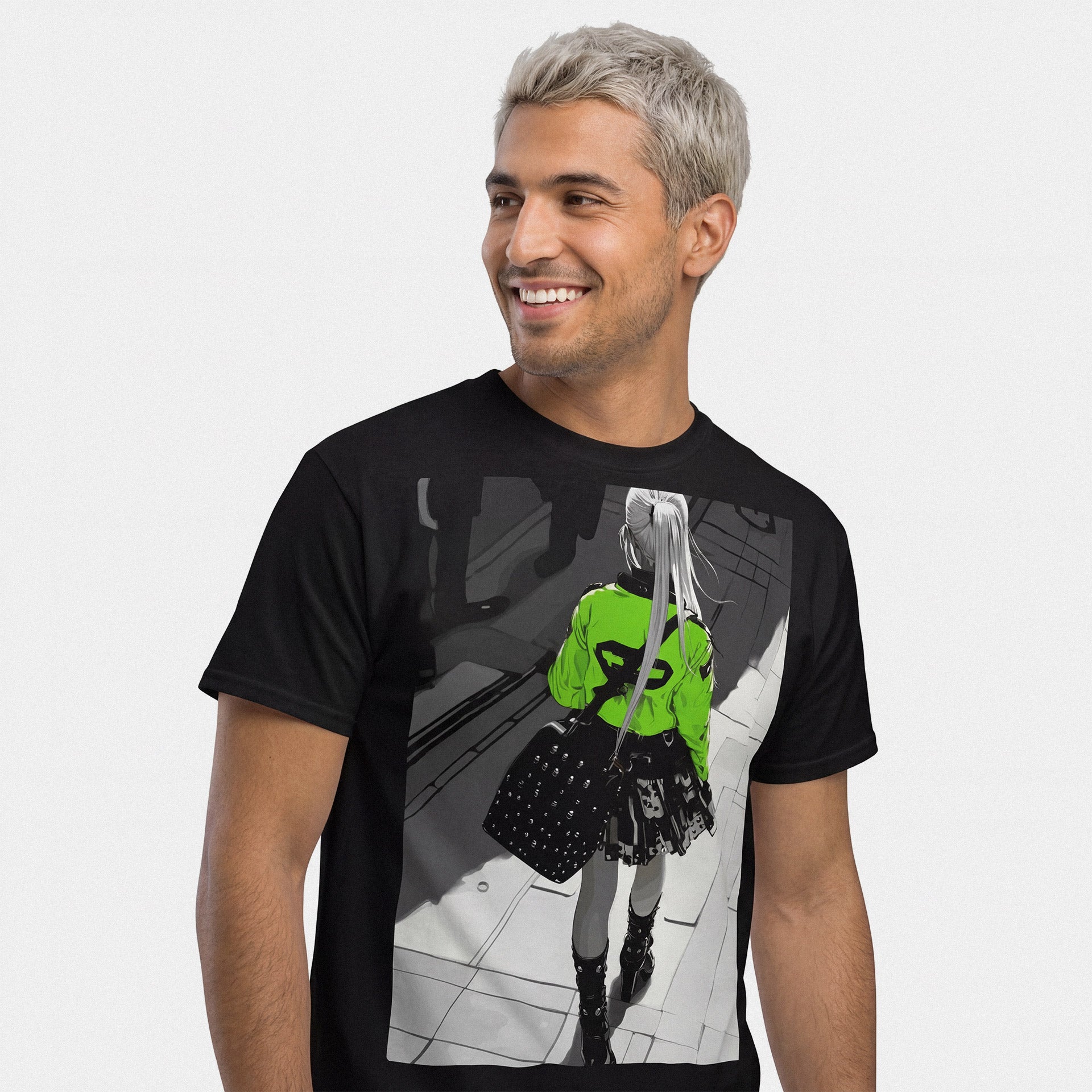Man wearing a black t-shirt with a graphic design on a white background Person wearing a black t-shirt with a graphic design on a plain background Black t-shirt on a white background Black coat on a white background Black t-shirt with a green graphic design on a white background Black t-shirt with a graphic of a person in a green jacket and black skirt on a white background anime manga tokyoarkade tokyo Arkade otaku