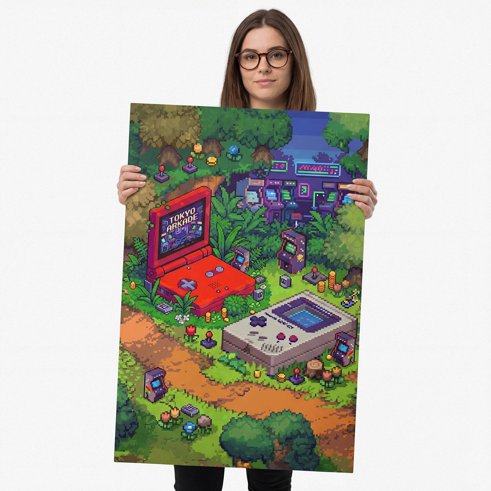Person holding a colorful poster of a retro video game scene with various gaming elements. Pixelated landscape with a character and vehicles on a grassy area Pixel art scene with a red arcade machine and various gaming elements in a retro style. tokyo Arkade anime otaku manga