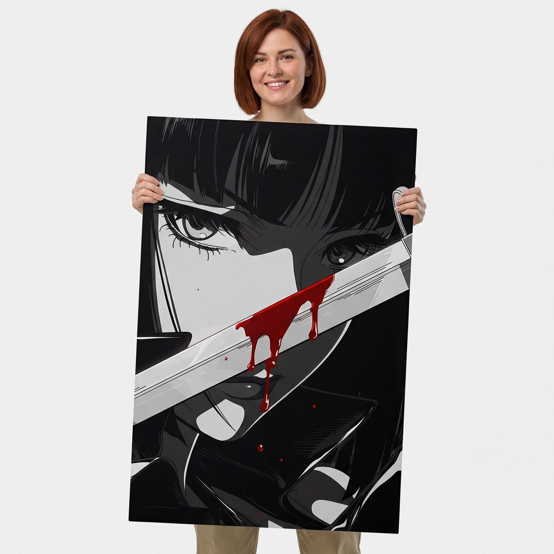 Person holding a large poster of a stylized illustration with a knife and blood. Close-up of a car's headlight and part of its body on a white background Illustration of a character with a sword through their face, blood dripping, on a white background. anime manga otaku metal aluminuma