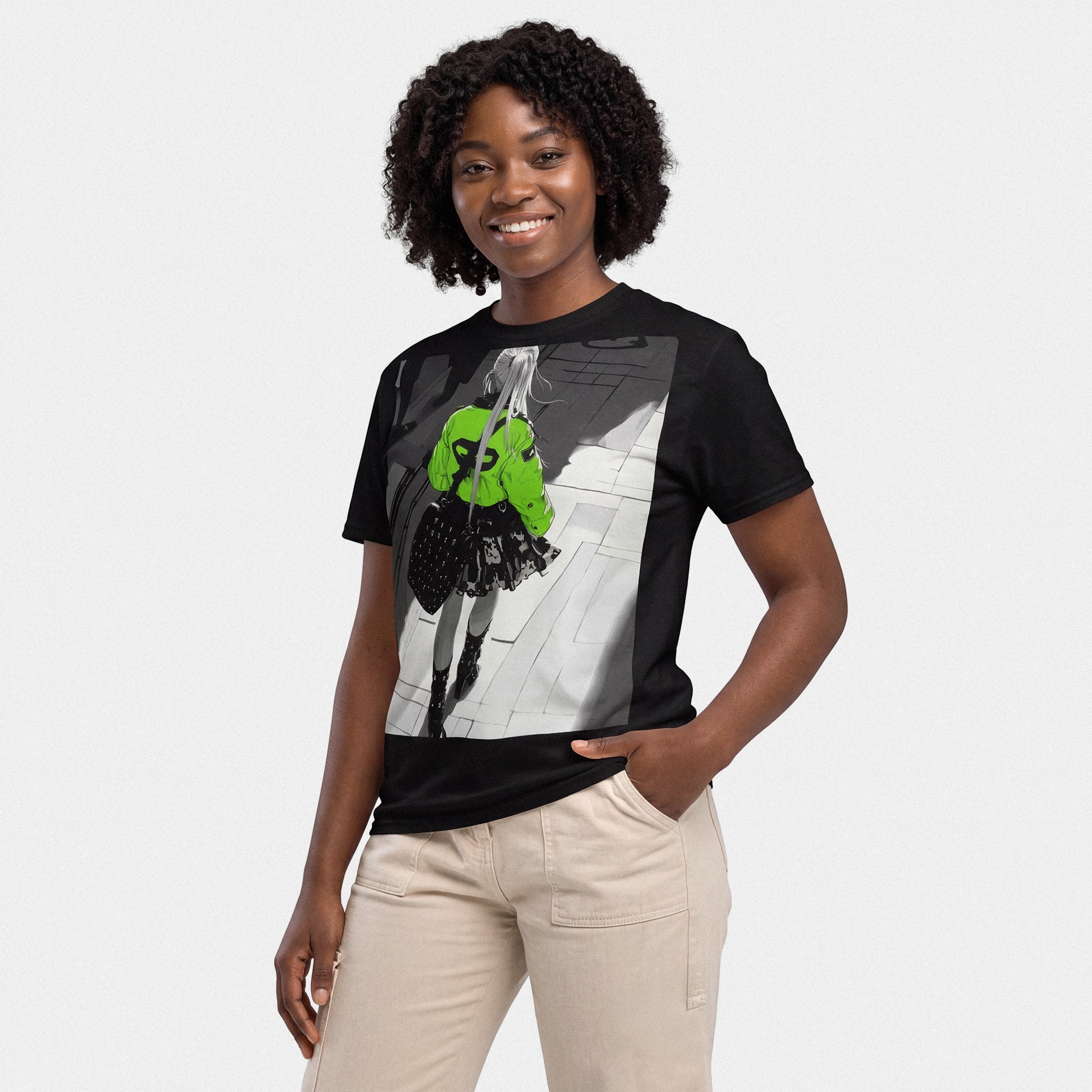 Person wearing a black t-shirt with a graphic design on a plain background Black t-shirt on a white background Black coat on a white background Black t-shirt with a green graphic design on a white background Black t-shirt with a graphic of a person in a green jacket and black skirt on a white background anime manga tokyoarkade tokyo Arkade otaku